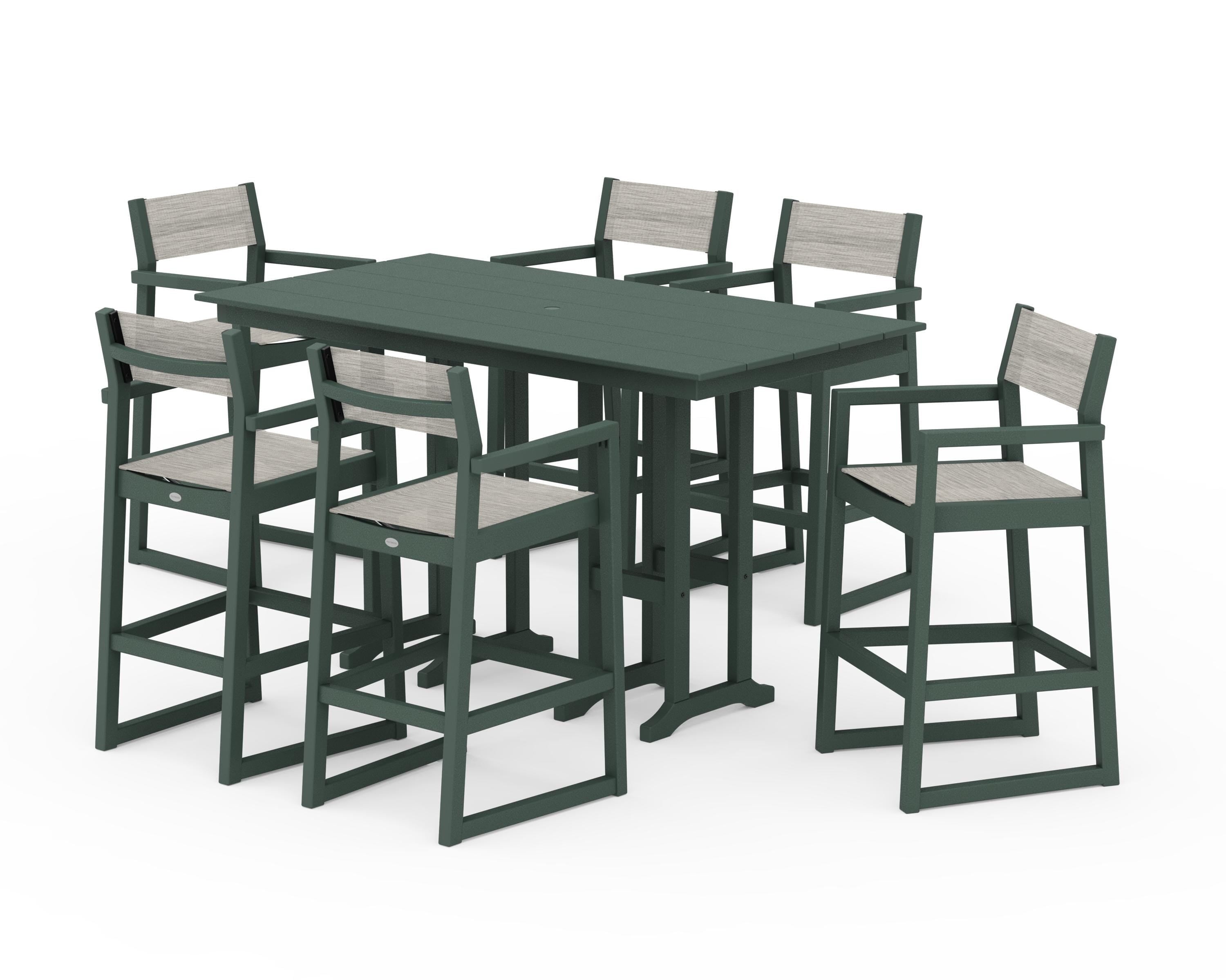 POLYWOOD EDGE Sling Arm Chair 7-Piece Farmhouse Bar Set in Green / Birch Sling