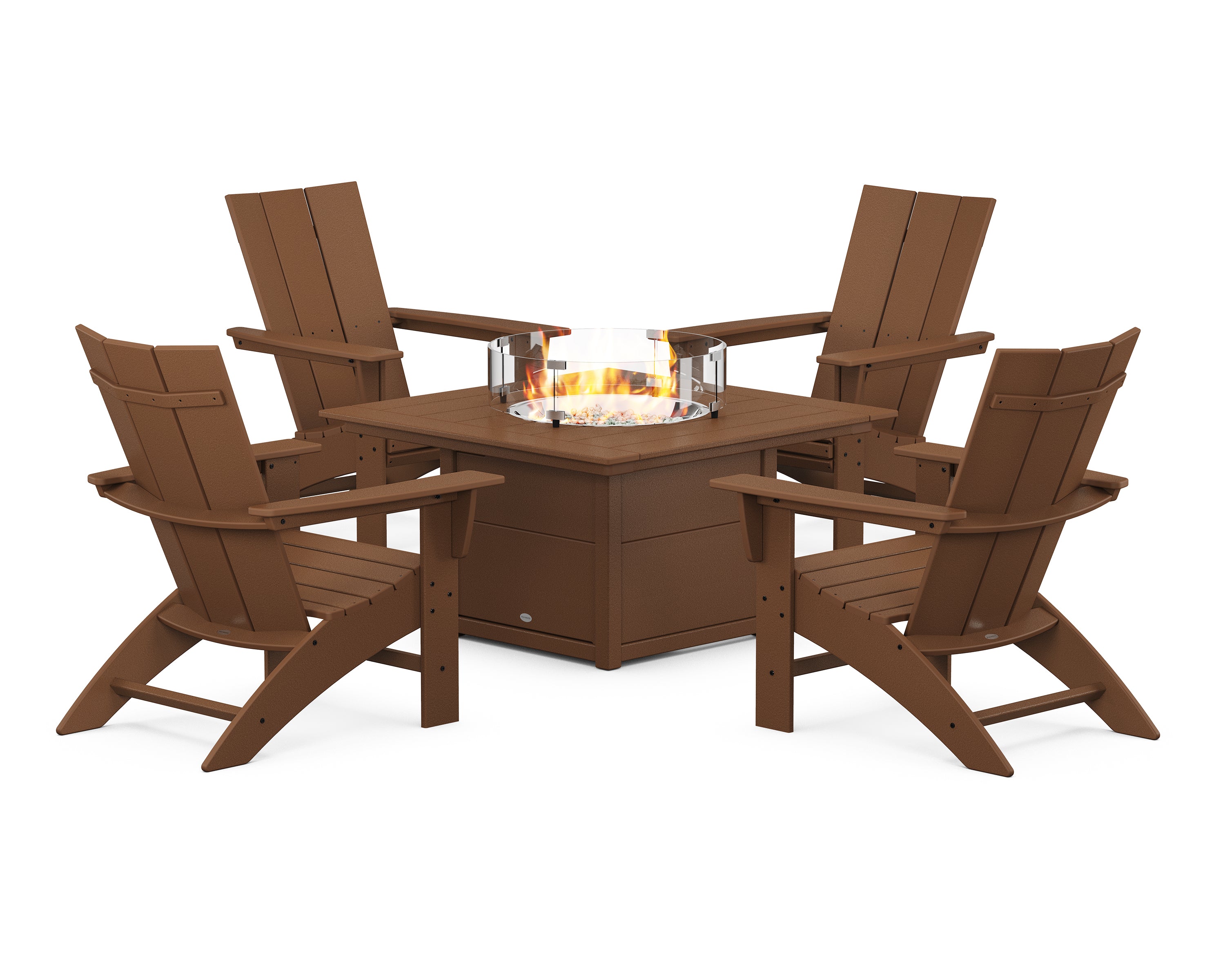 POLYWOOD® Modern Curveback Adirondack 5-Piece Conversation Set with Fire Pit Table in Teak