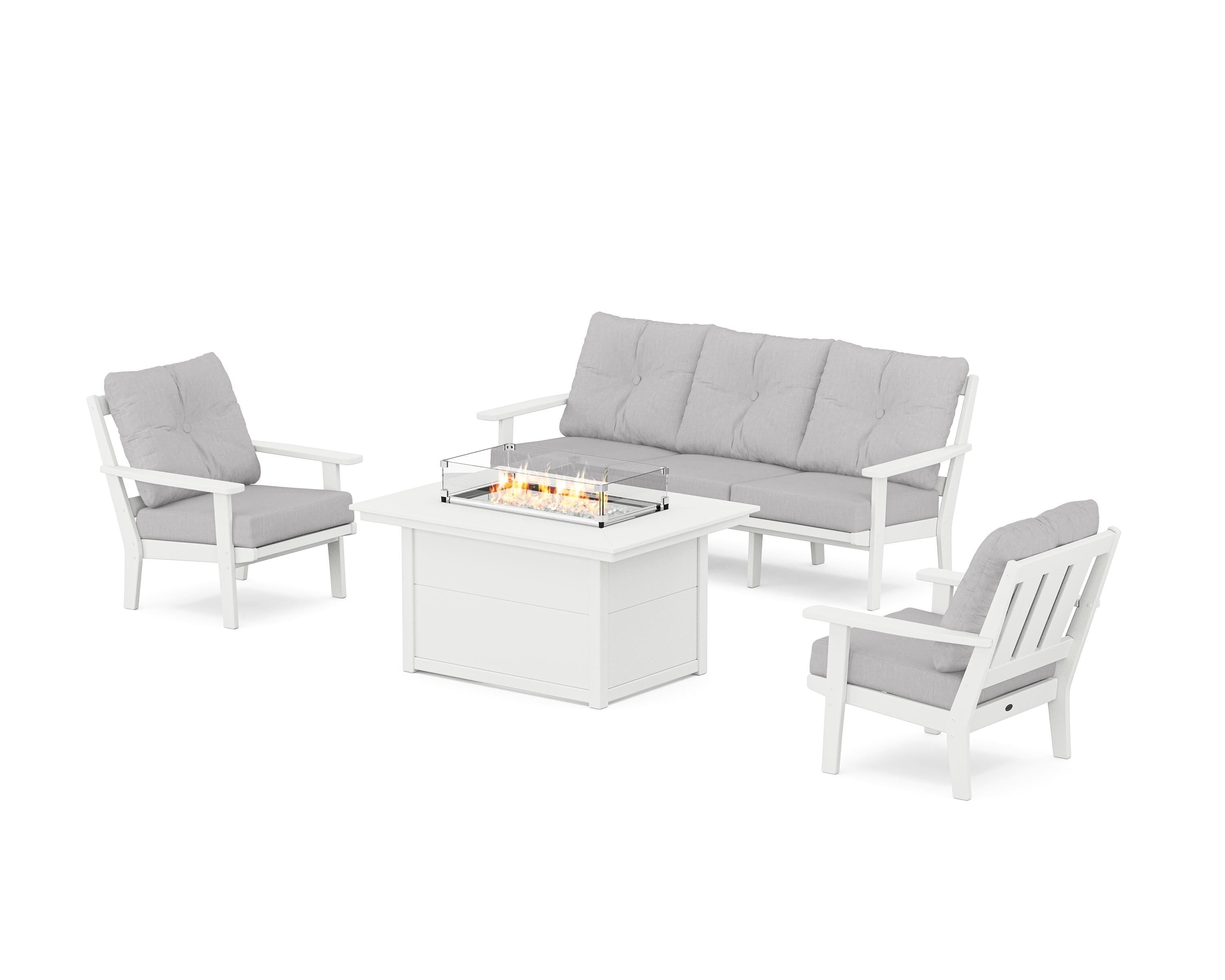 POLYWOOD Oxford Deep Seating Fire Pit Table Set in White / Granite
