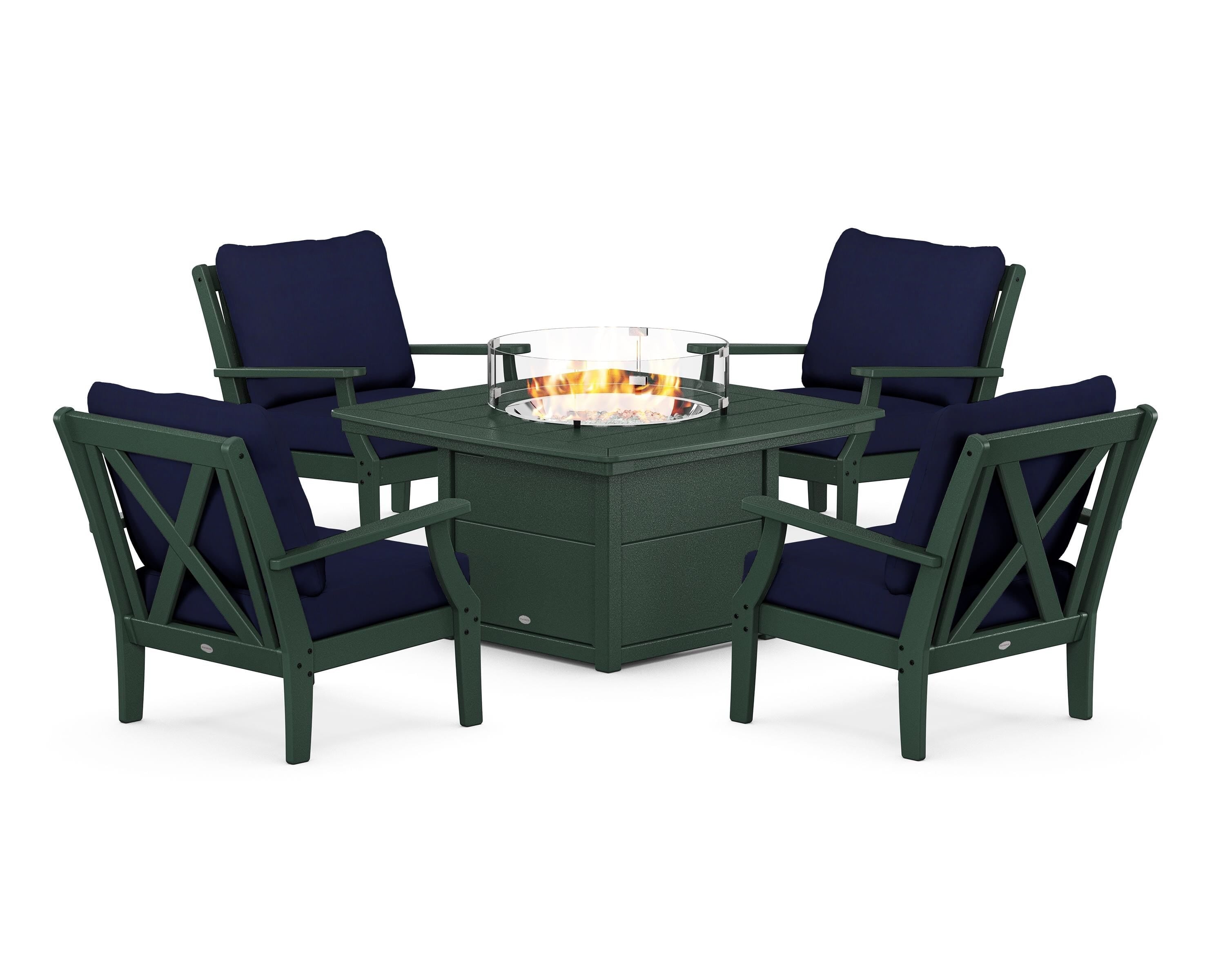 POLYWOOD Braxton 5-Piece Deep Seating Conversation Set with Fire Pit Table in Green / Navy