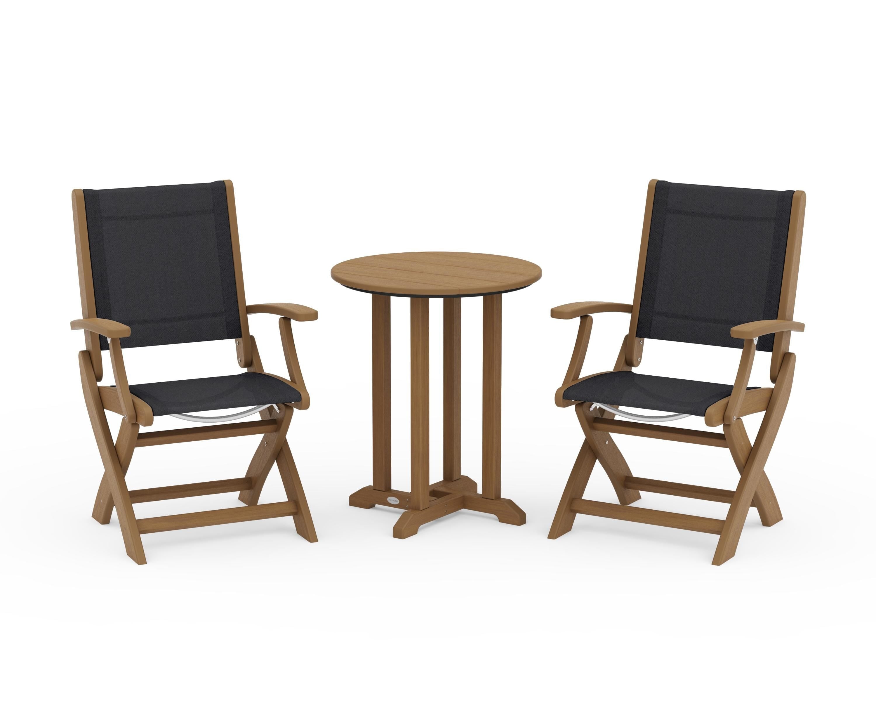 POLYWOOD Coastal Folding 3-Piece Round Bistro Dining Set in Natural / Black Sling