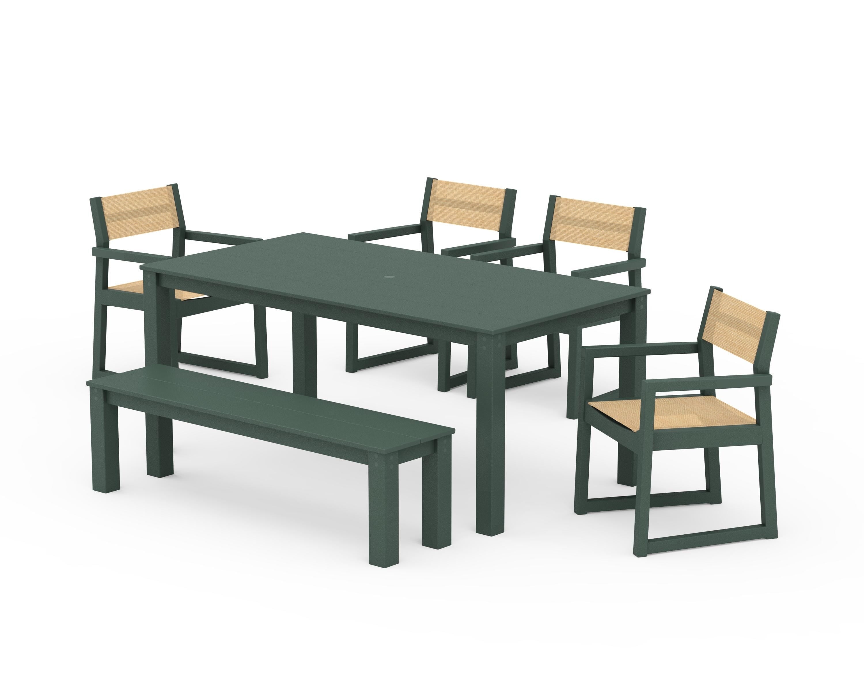 POLYWOOD EDGE Sling Arm Chair 6-Piece Parsons Dining Set with Bench in Green / Dupioni Apricot Sling
