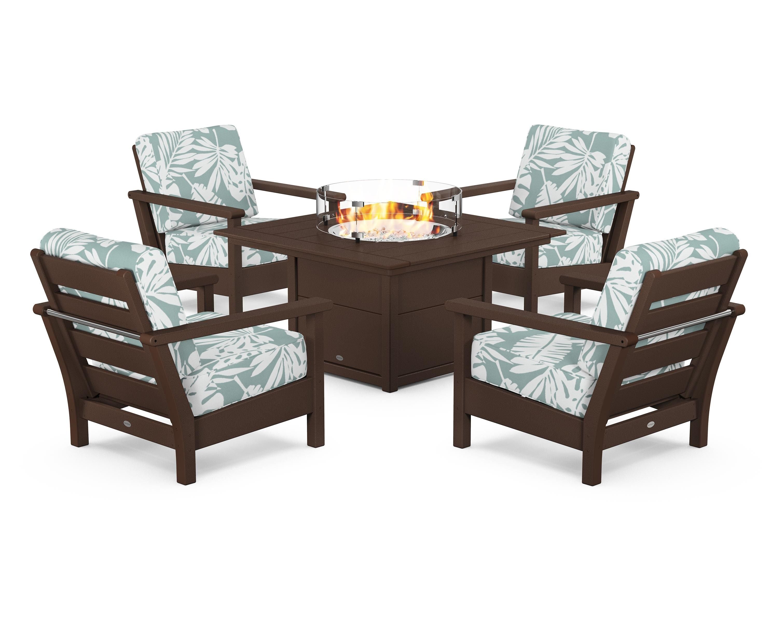 POLYWOOD Harbour 5-Piece Conversation Set with Fire Pit Table in Mahogany / Leaf Glacier Spa