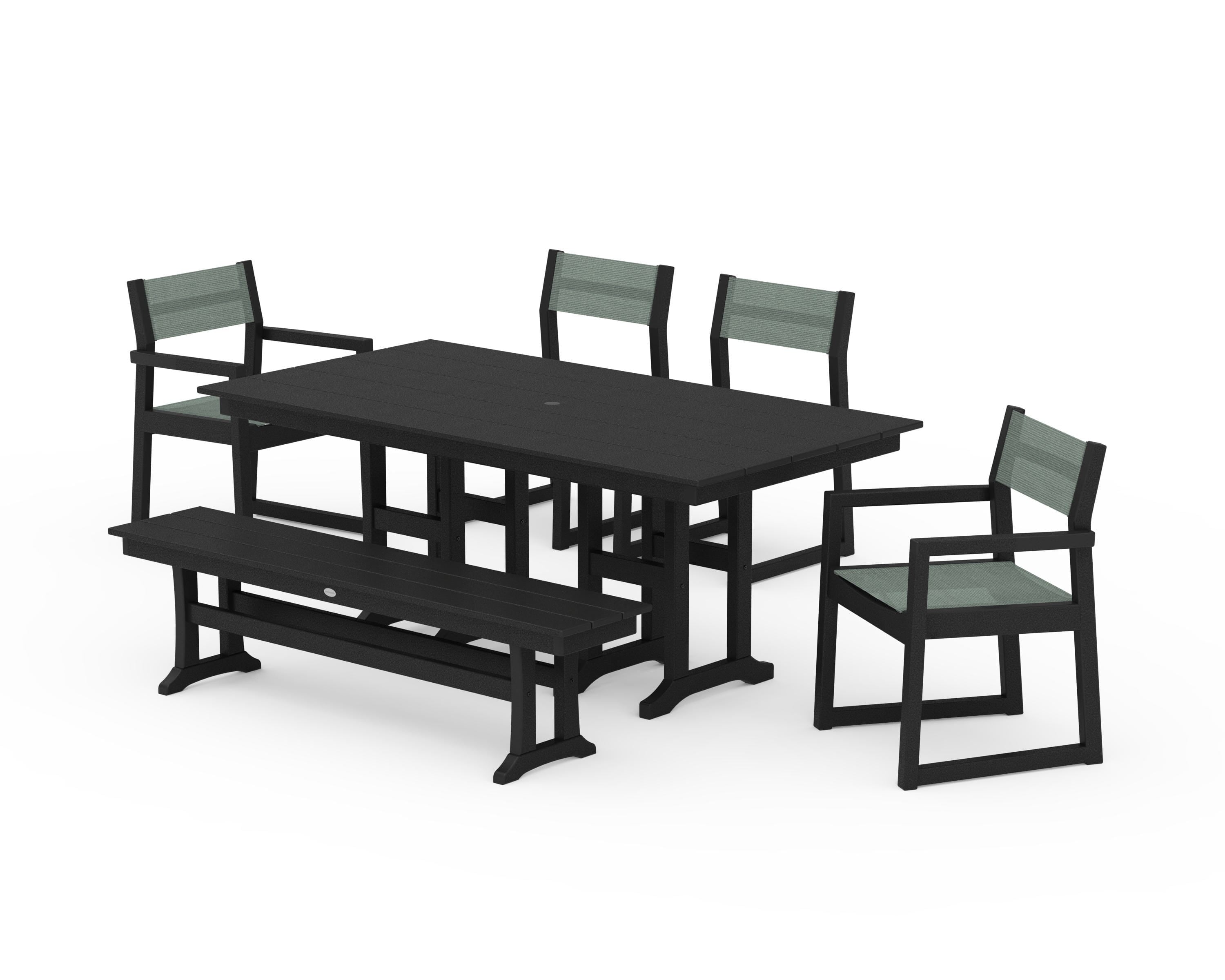 POLYWOOD EDGE Sling 6-Piece Farmhouse Dining Set in Black / Dupioni Sea Mist Sling