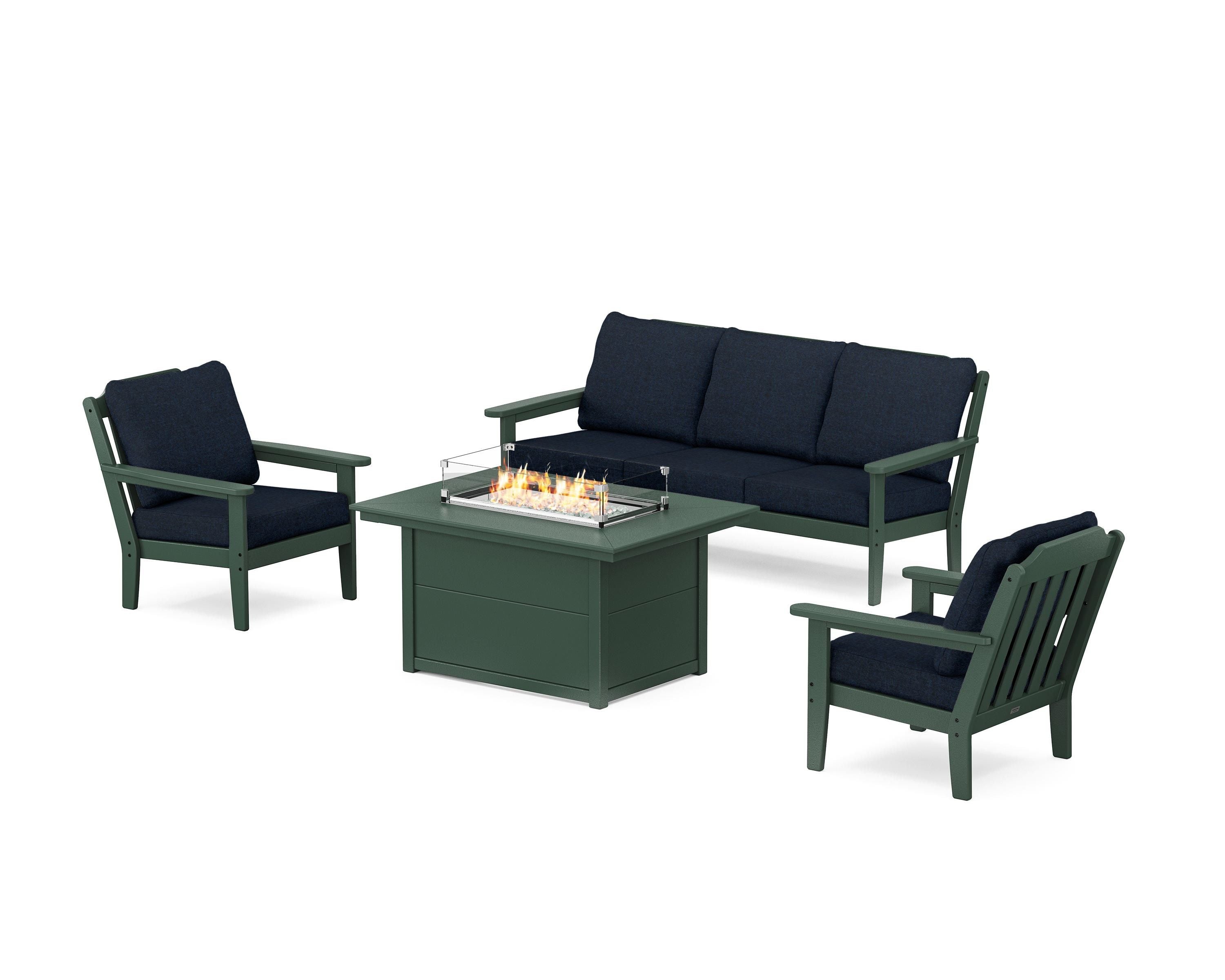 Country Living Cottage Deep Seating Fire Pit Table Set in Green / Marine Indigo