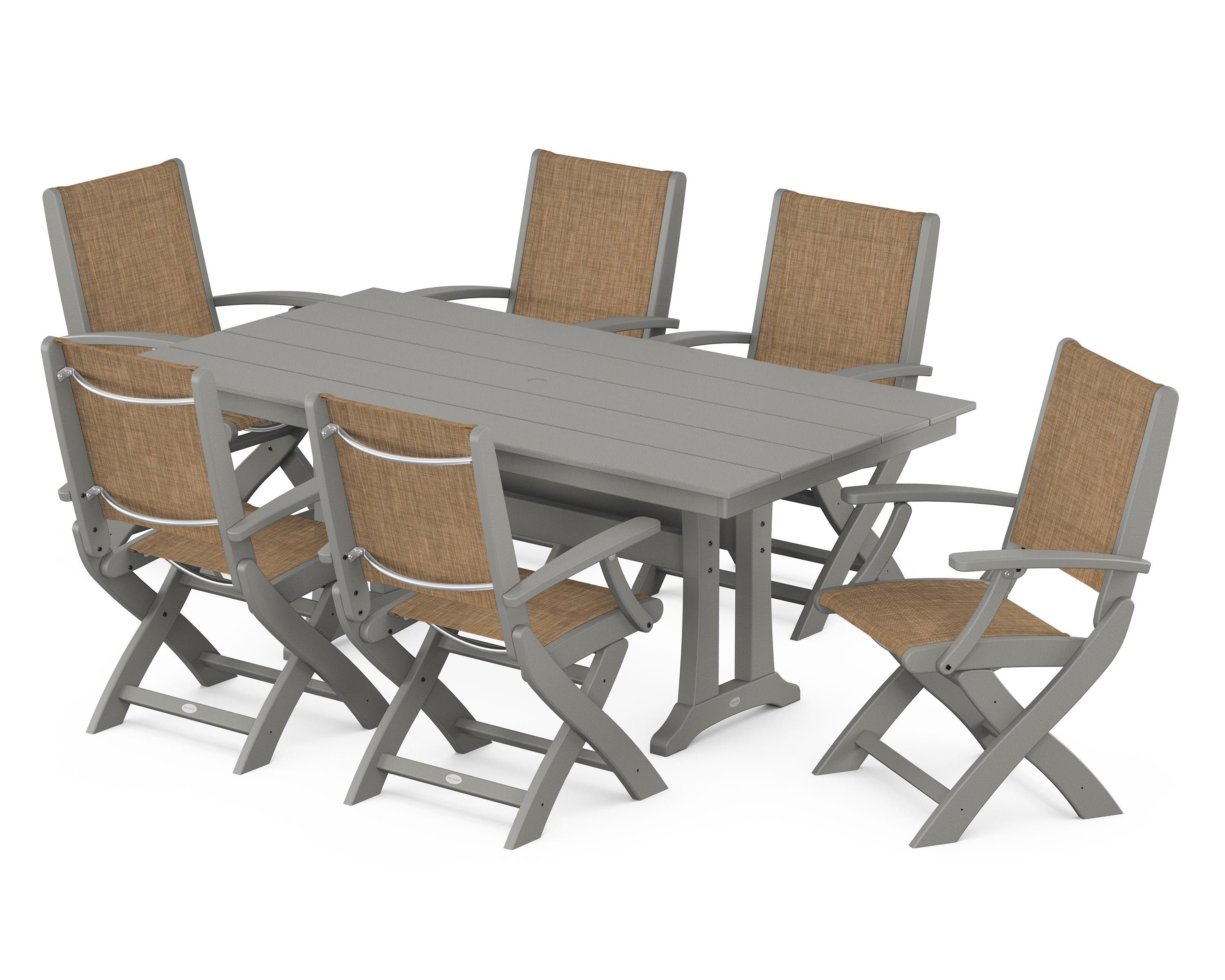 POLYWOOD Coastal Folding Arm Chair 7-Piece Farmhouse Dining Set with Trestle Legs in Slate Grey / Burlap Sling