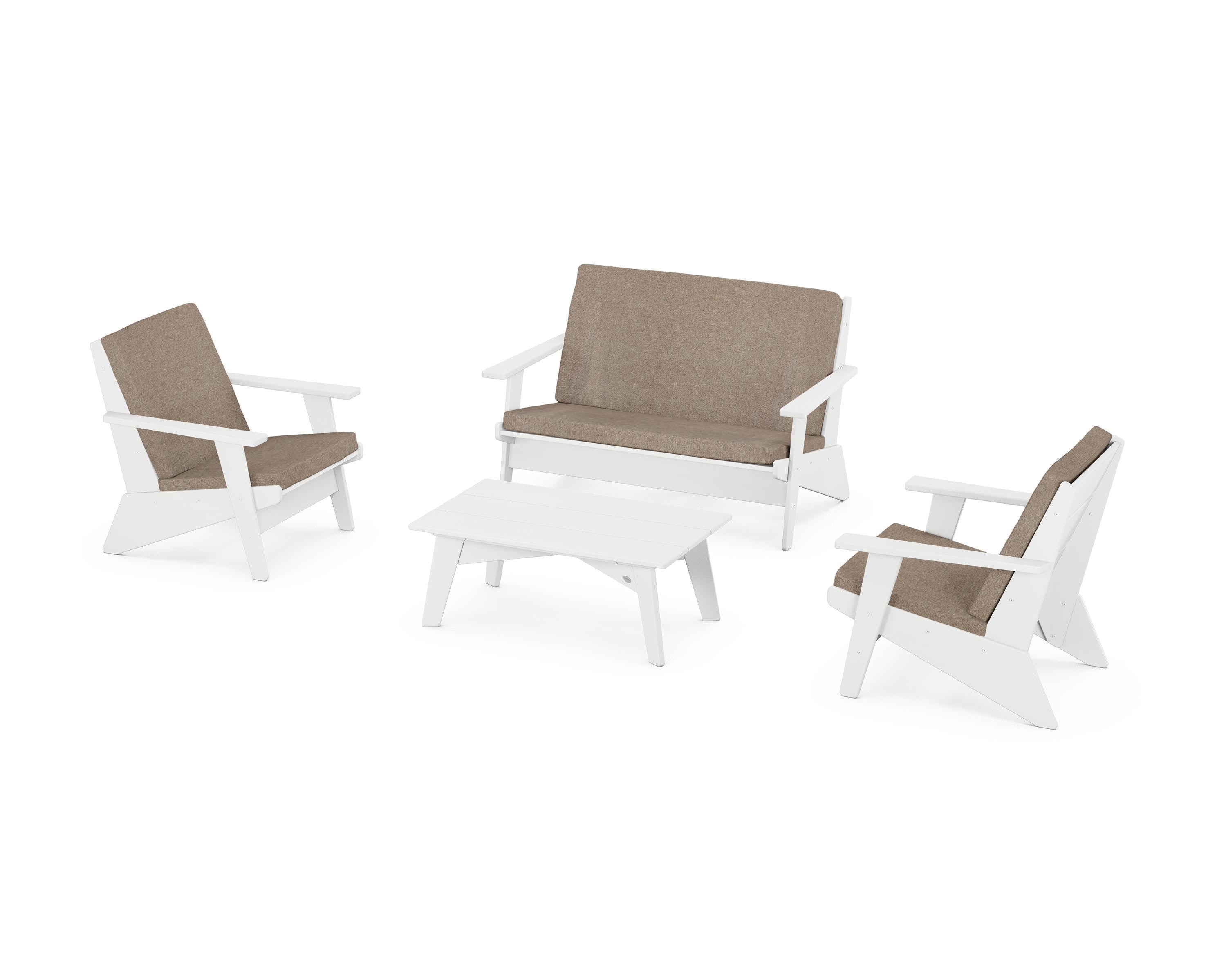 POLYWOOD Riviera Modern Lounge 4-Piece Set in White / Spiced Burlap