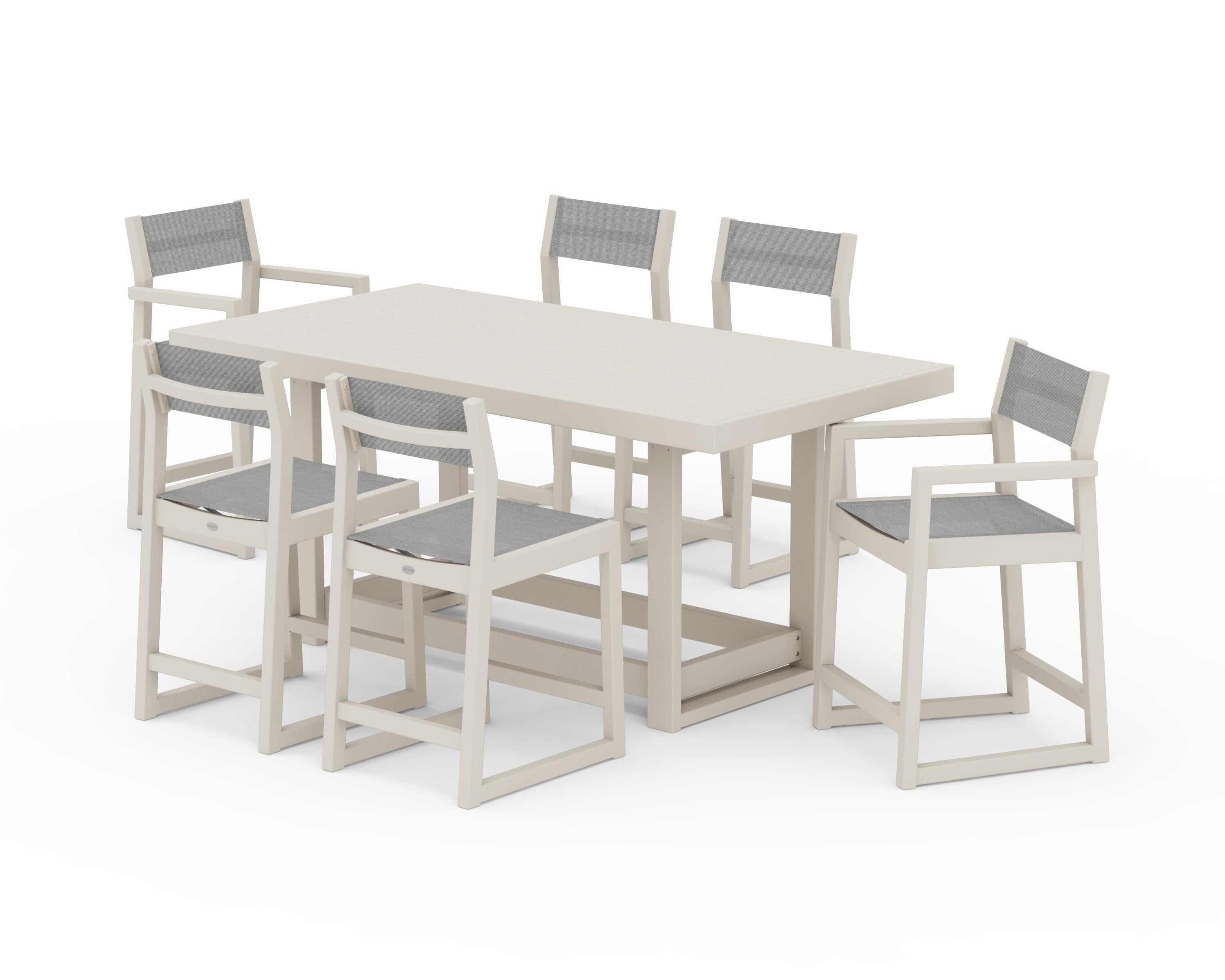 POLYWOOD EDGE Sling 7-Piece Counter Table Set in Sand / Metallic Sling