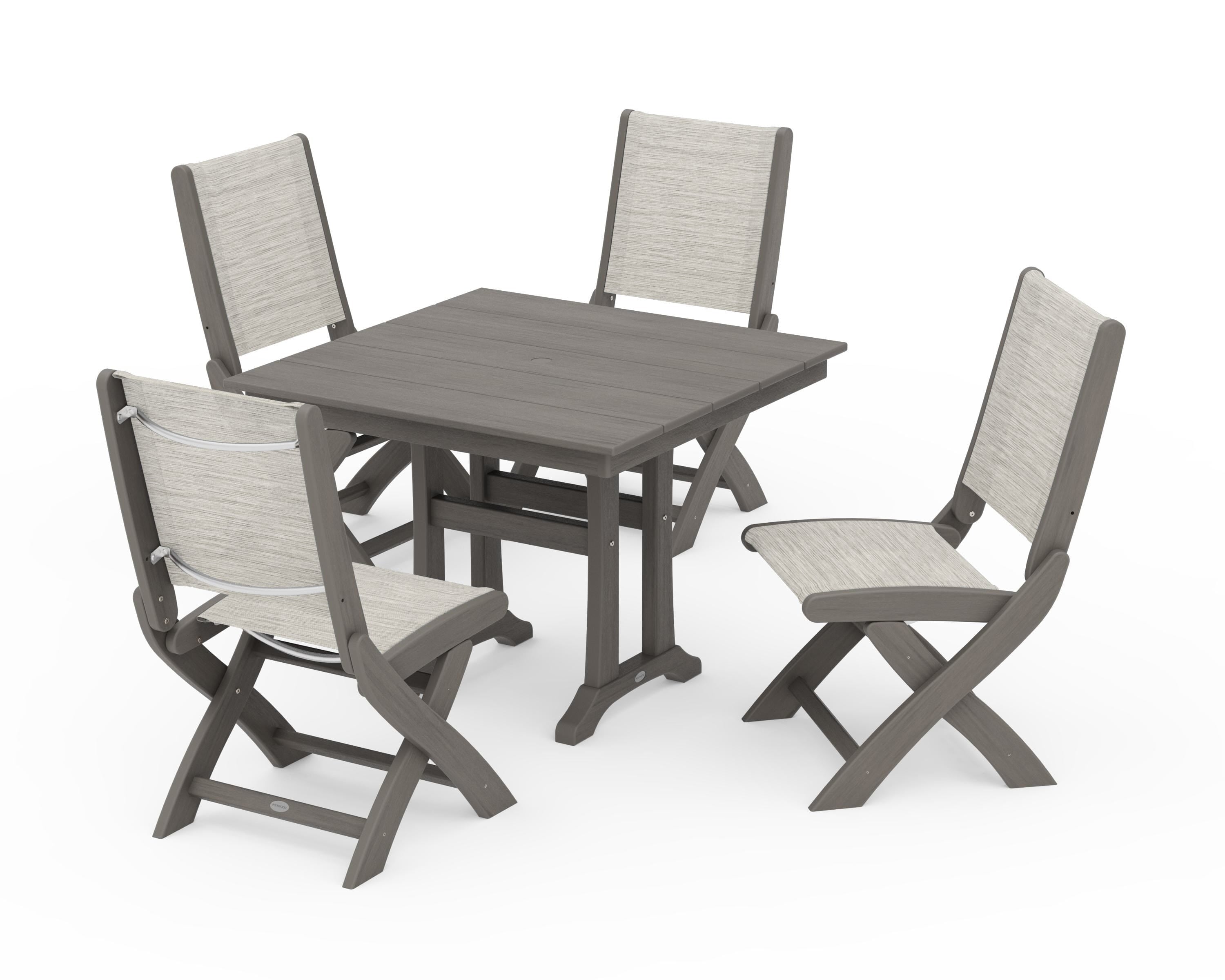 POLYWOOD Coastal Folding Side Chair 5-Piece Farmhouse Dining Set With Trestle Legs in Driftwood / Birch Sling