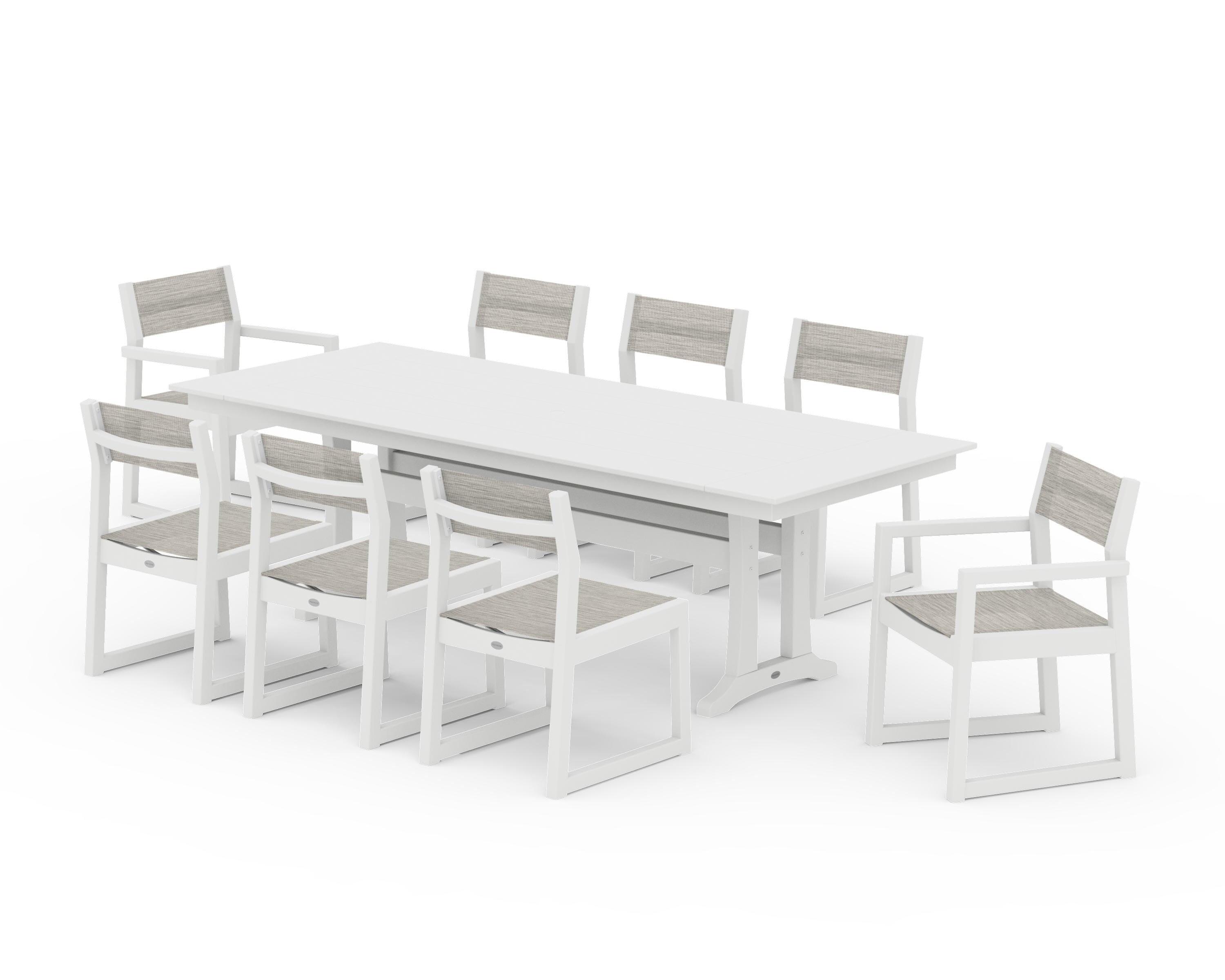 POLYWOOD EDGE Sling 9-Piece Farmhouse Trestle Dining Set in White / Birch Sling