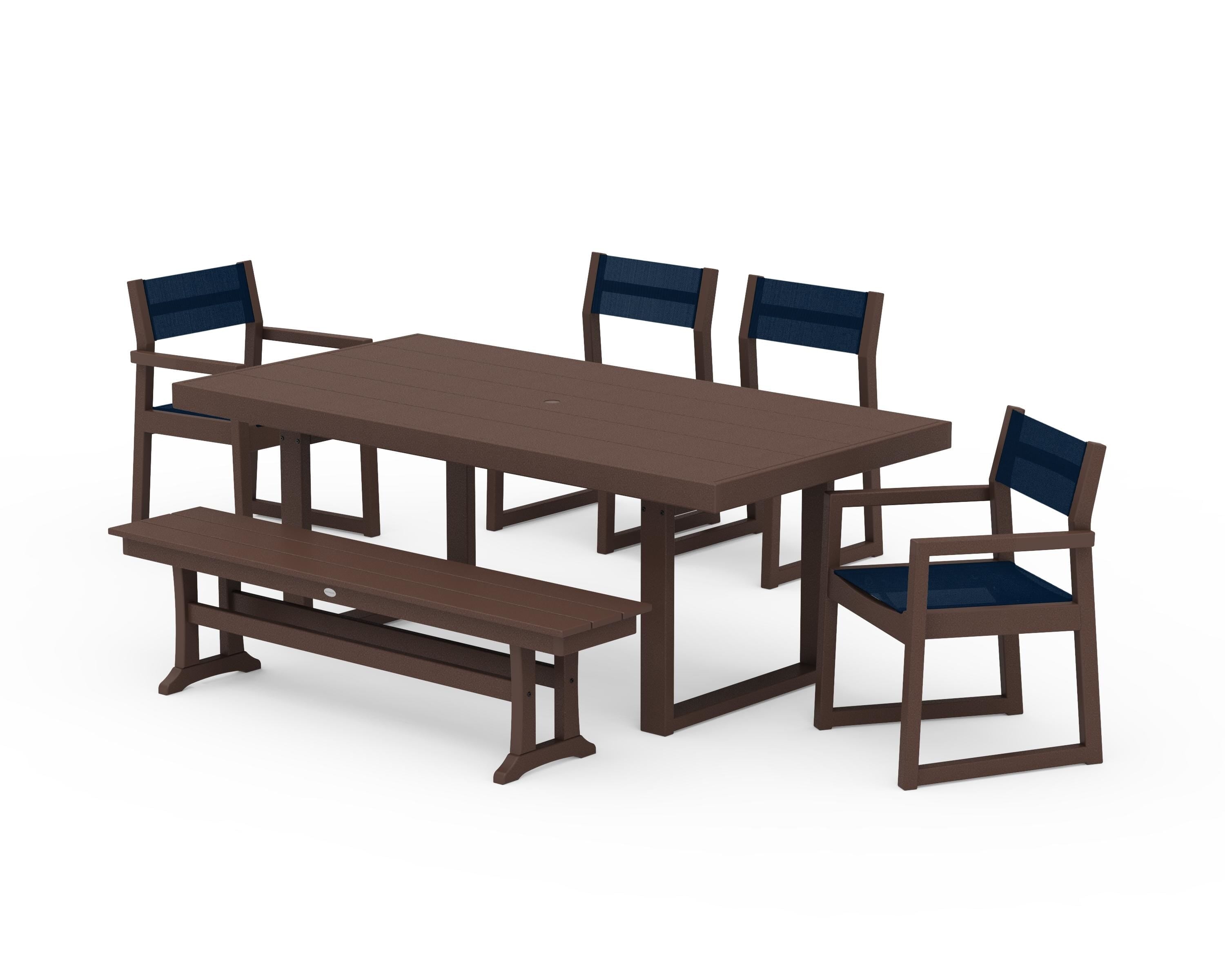 POLYWOOD EDGE Sling 6-Piece Dining Set with Bench in Mahogany / Navy Blue Sling