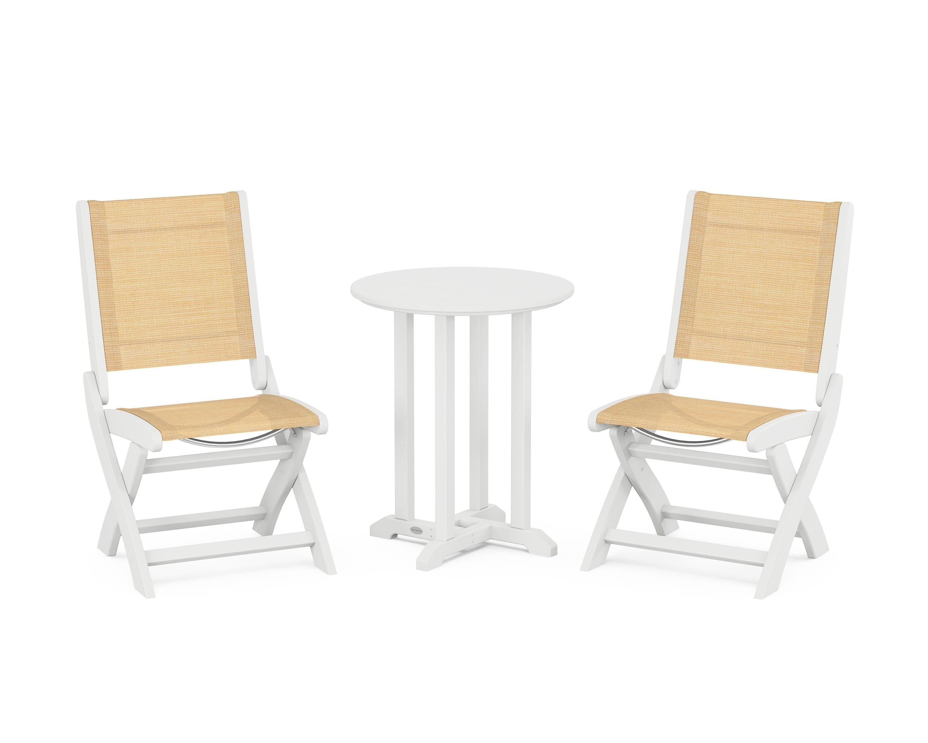 POLYWOOD Coastal Folding Side Chair 3-Piece Round Bistro Dining Set in White / Dupioni Apricot Sling