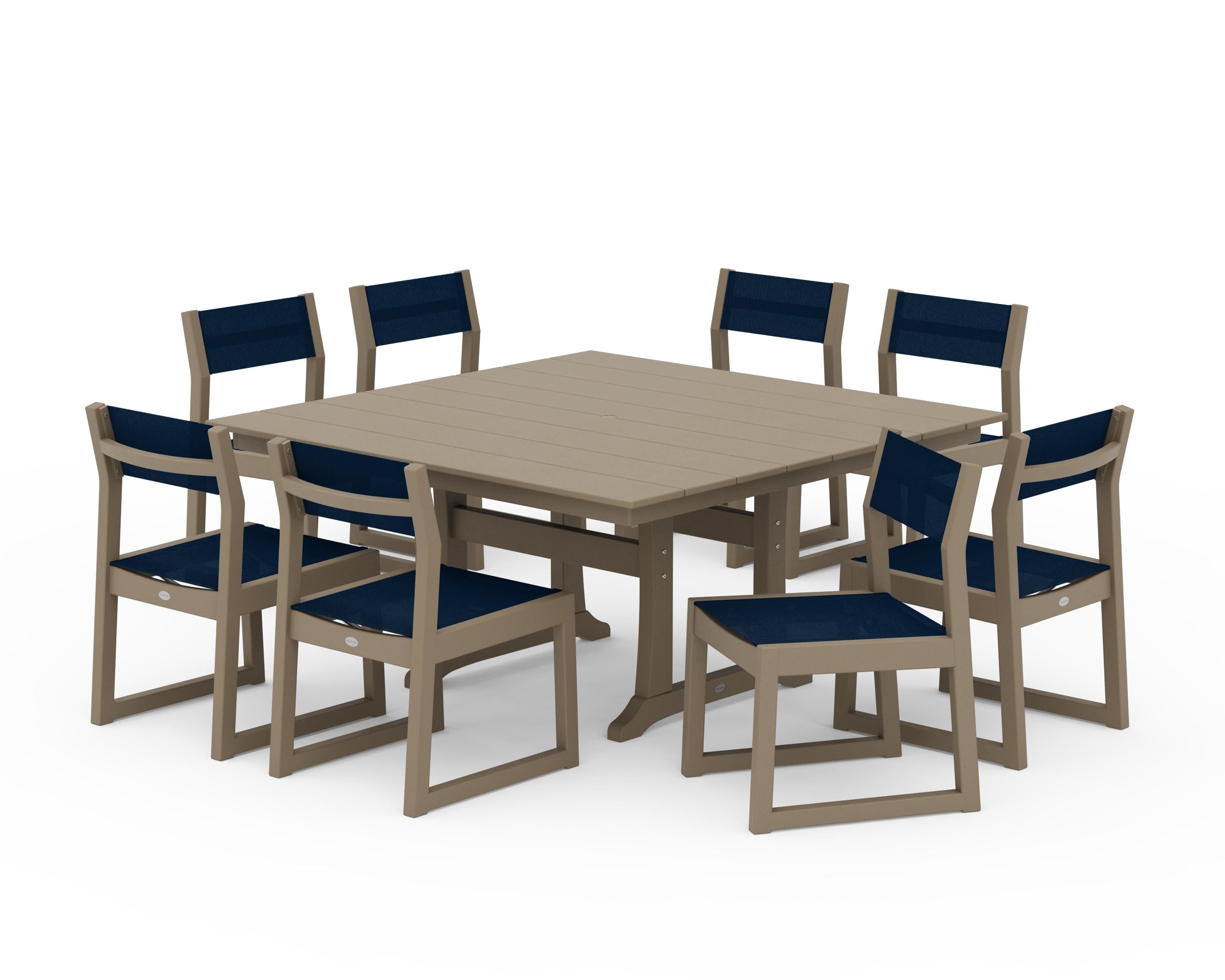 POLYWOOD EDGE Sling Side Chair 9-Piece Farmhouse Trestle Dining Set in Vintage Sahara / Navy Blue Sling