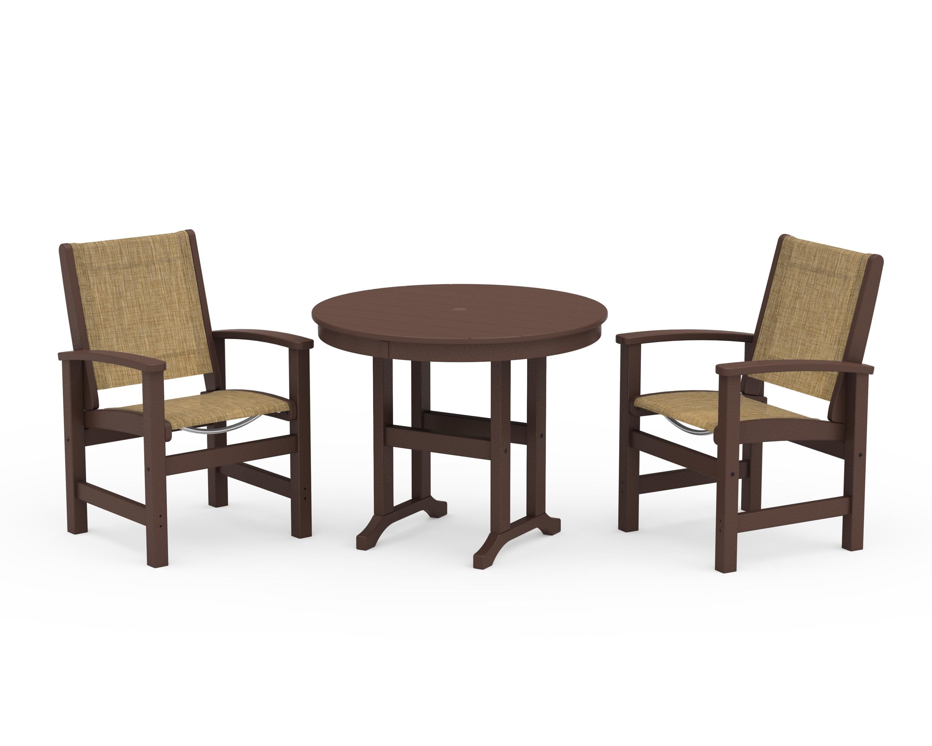 POLYWOOD Coastal 3-Piece Round Dining Set in Mahogany / Burlap Sling