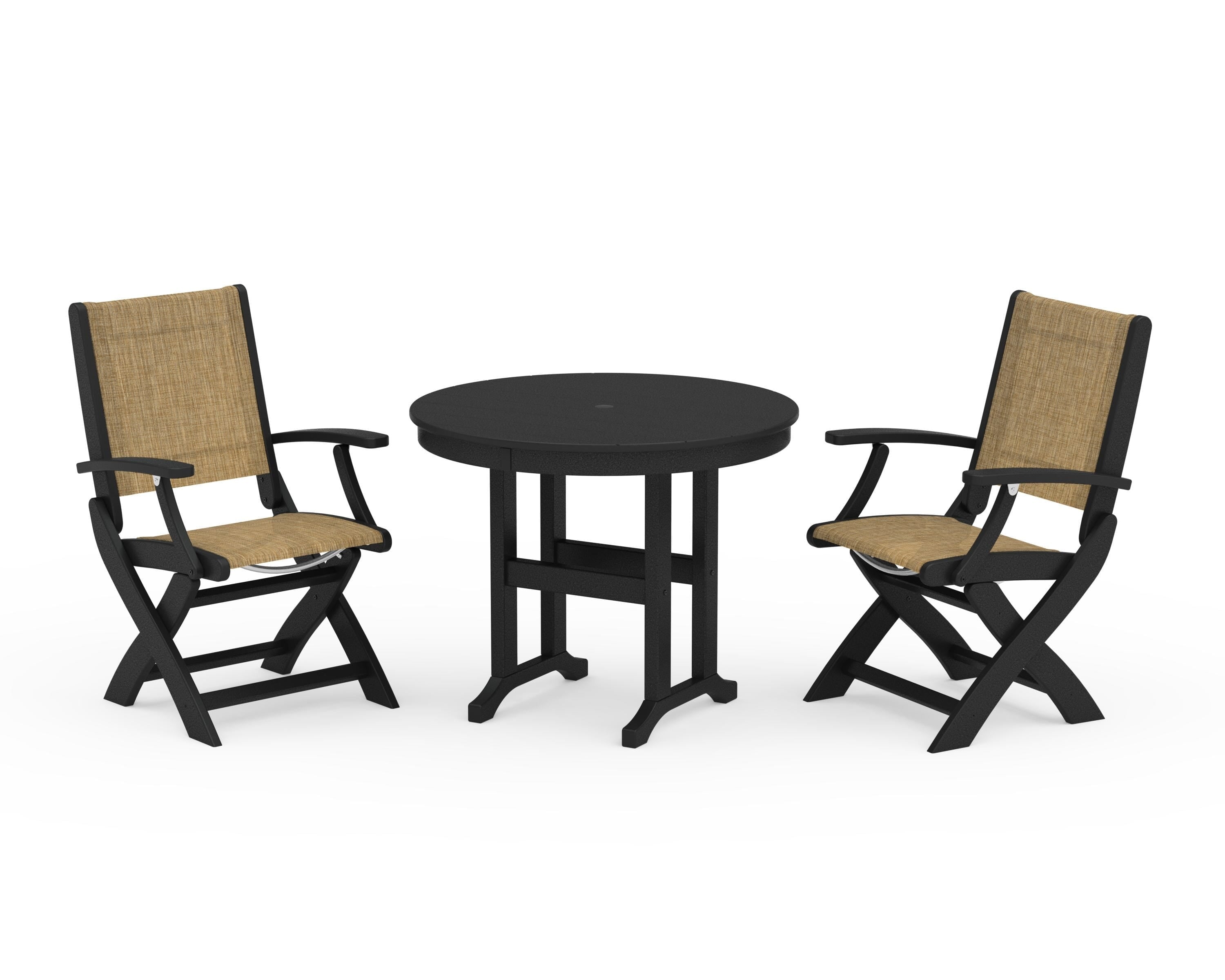 POLYWOOD Coastal Folding Chair 3-Piece Round Dining Set in Black / Burlap Sling