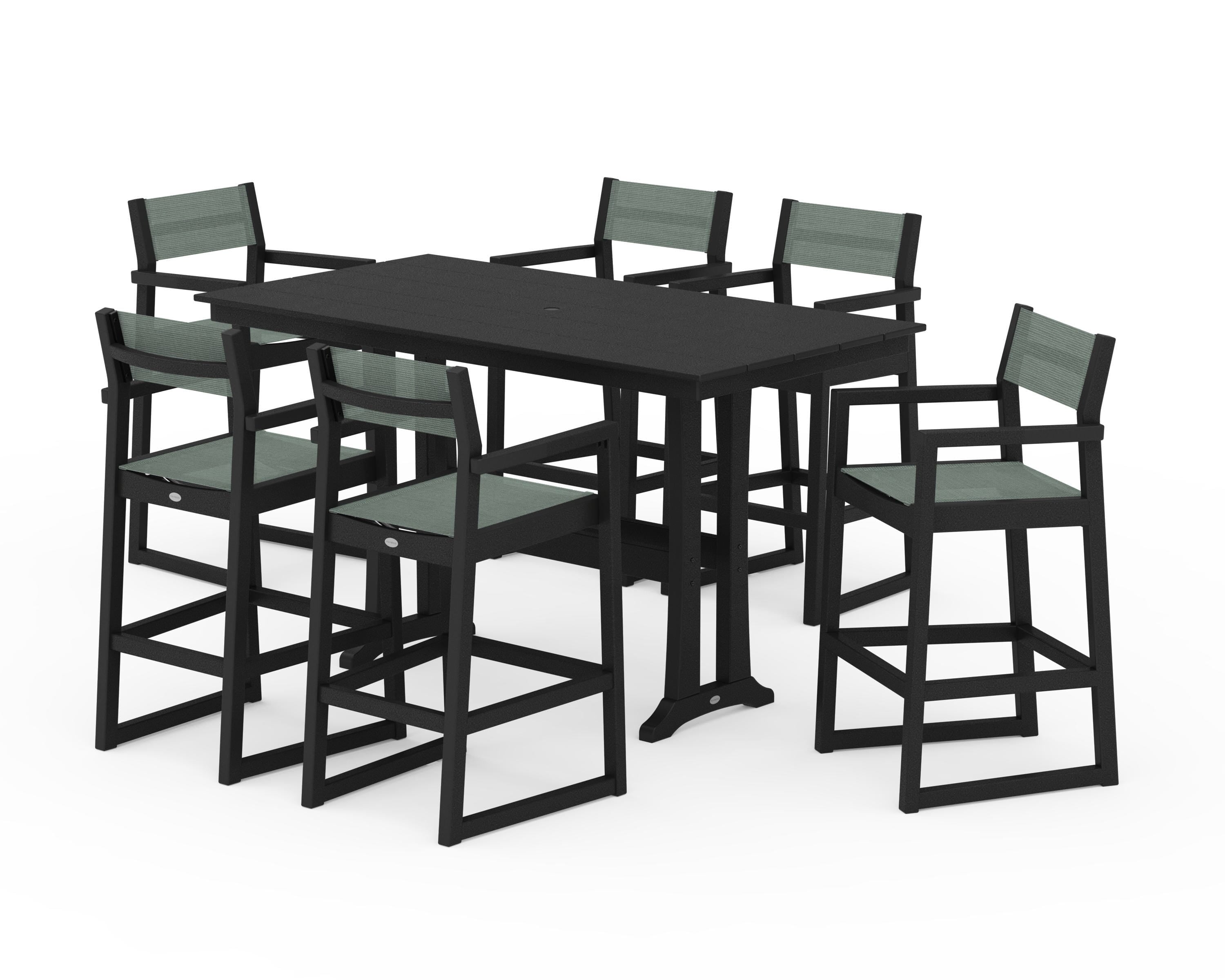 POLYWOOD EDGE Sling Arm Chair 7-Piece Farmhouse Bar Set with Trestle Legs in Black / Dupioni Sea Mist Sling