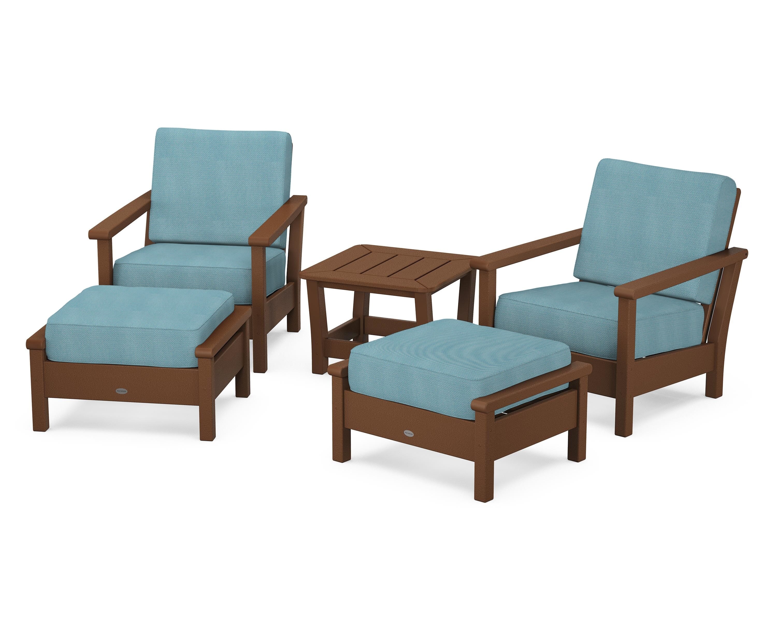 POLYWOOD Harbour 5-Piece Deep Seating Chair Set in Teak / Lattice Sky Blue