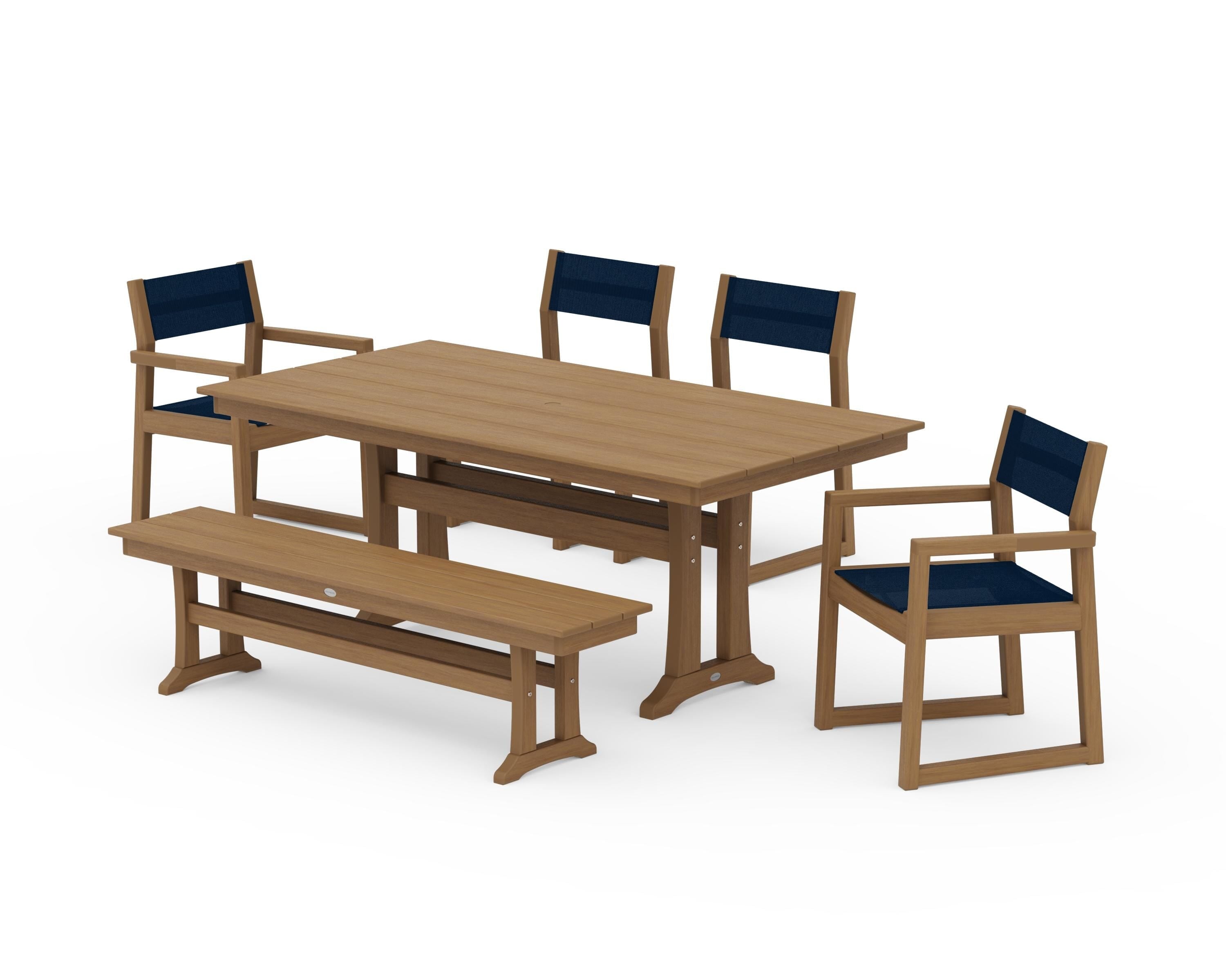 POLYWOOD EDGE Sling 6-Piece Farmhouse Dining Set With Trestle Legs in Natural / Navy Blue Sling