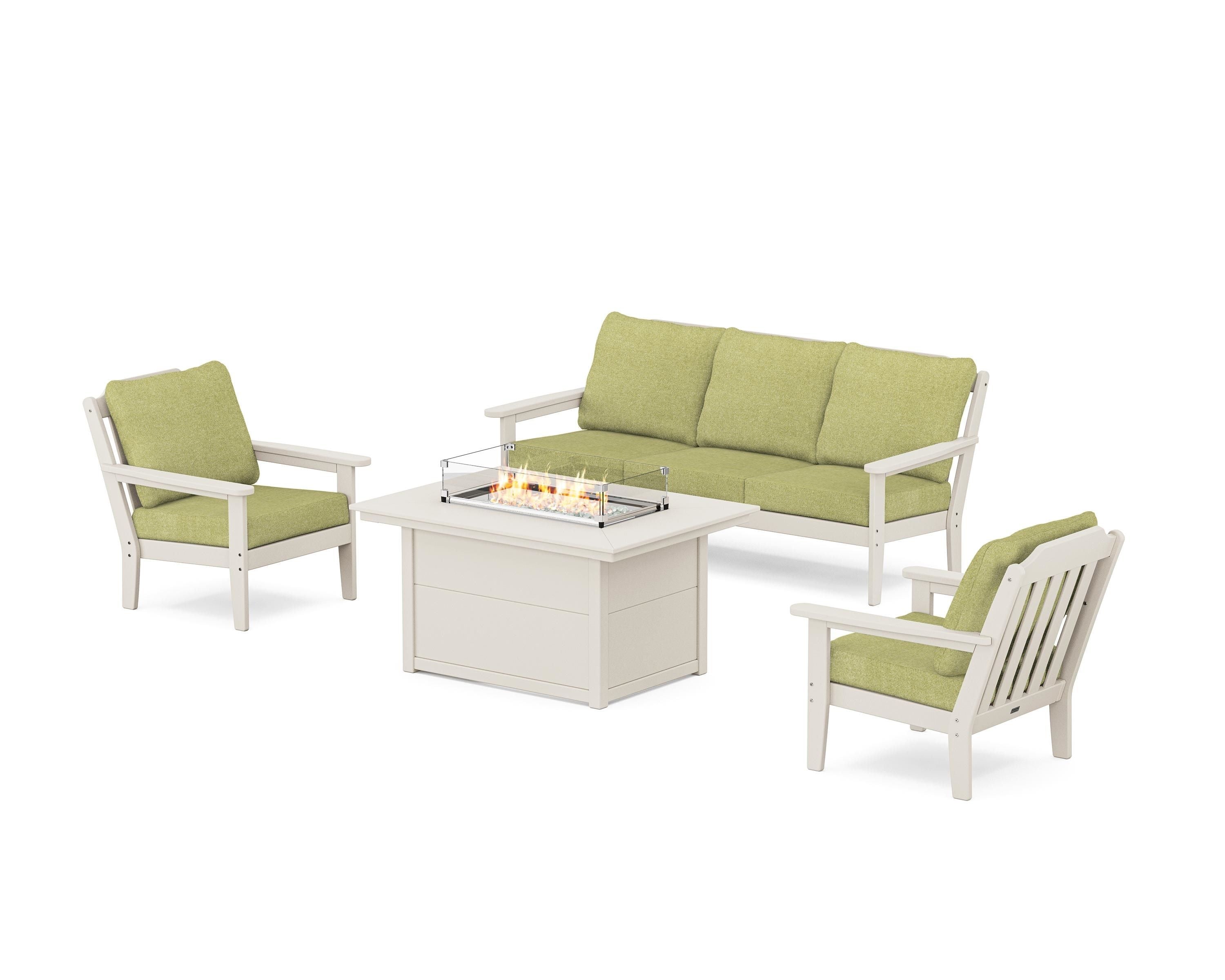 Country Living Cottage Deep Seating Fire Pit Table Set in Sand / Chartreuse Boucle
