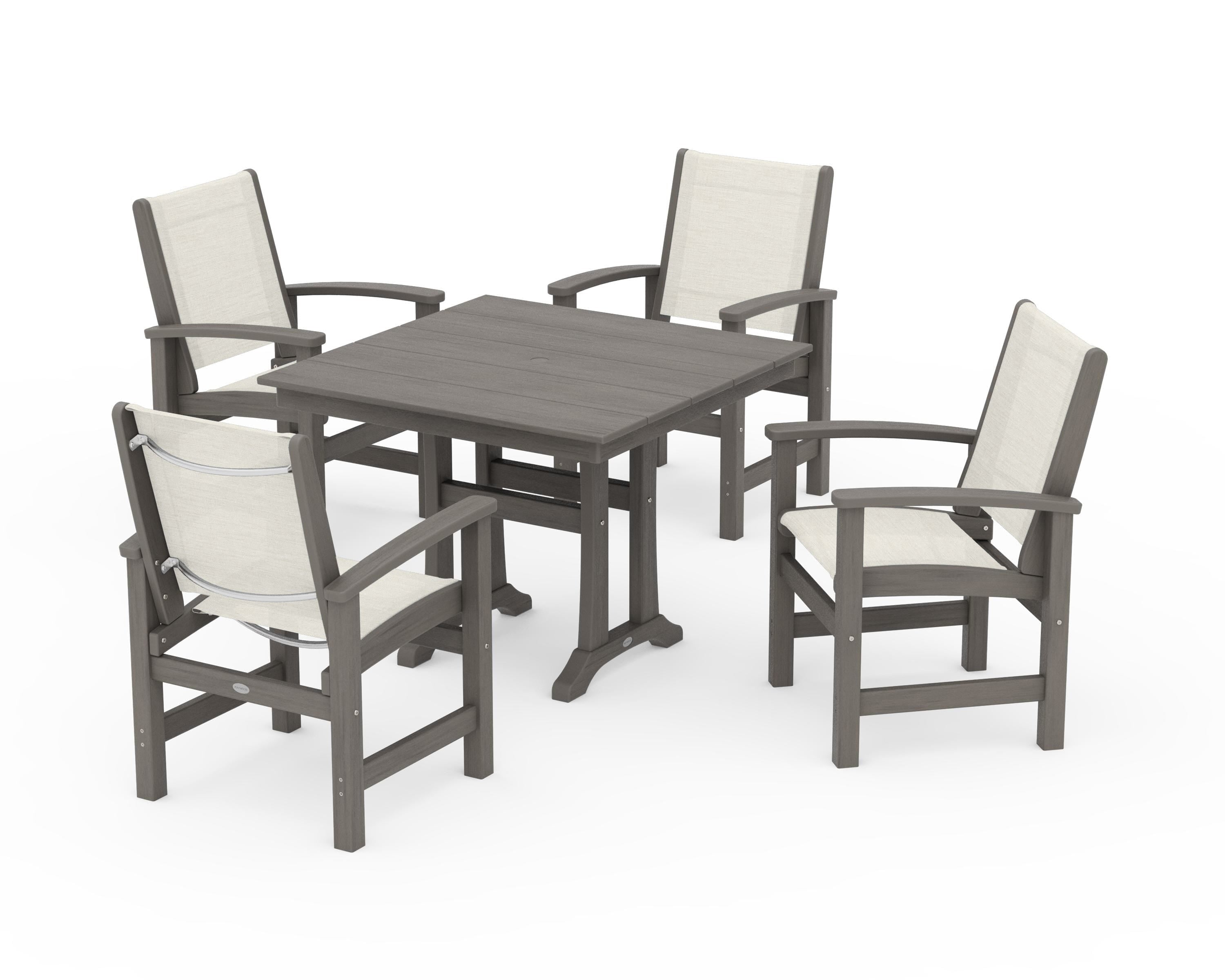 POLYWOOD Coastal 5-Piece Farmhouse Dining Set With Trestle Legs in Driftwood / Parchment Sling