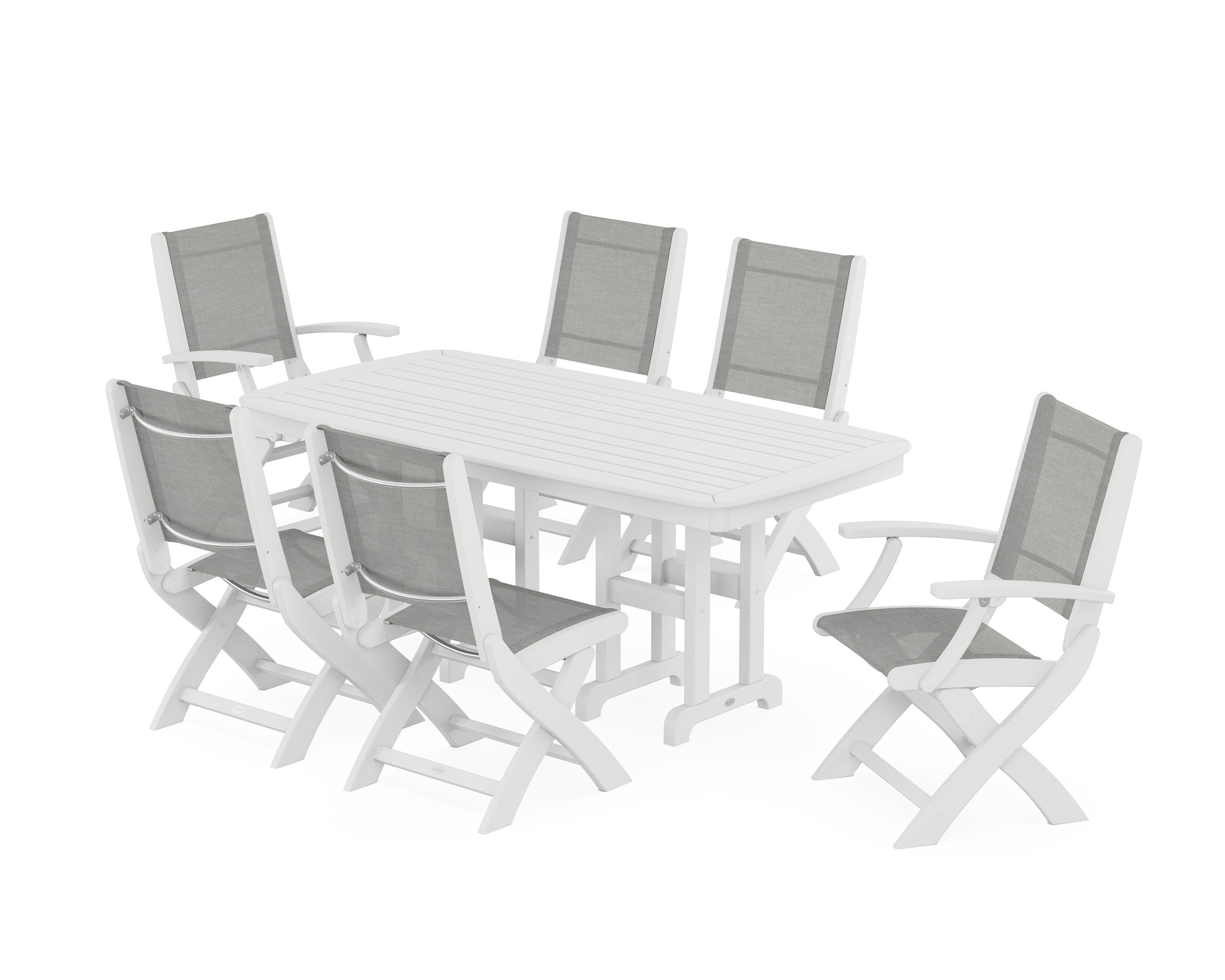 POLYWOOD Coastal Folding Chair 7-Piece Dining Set in White / Metallic Sling