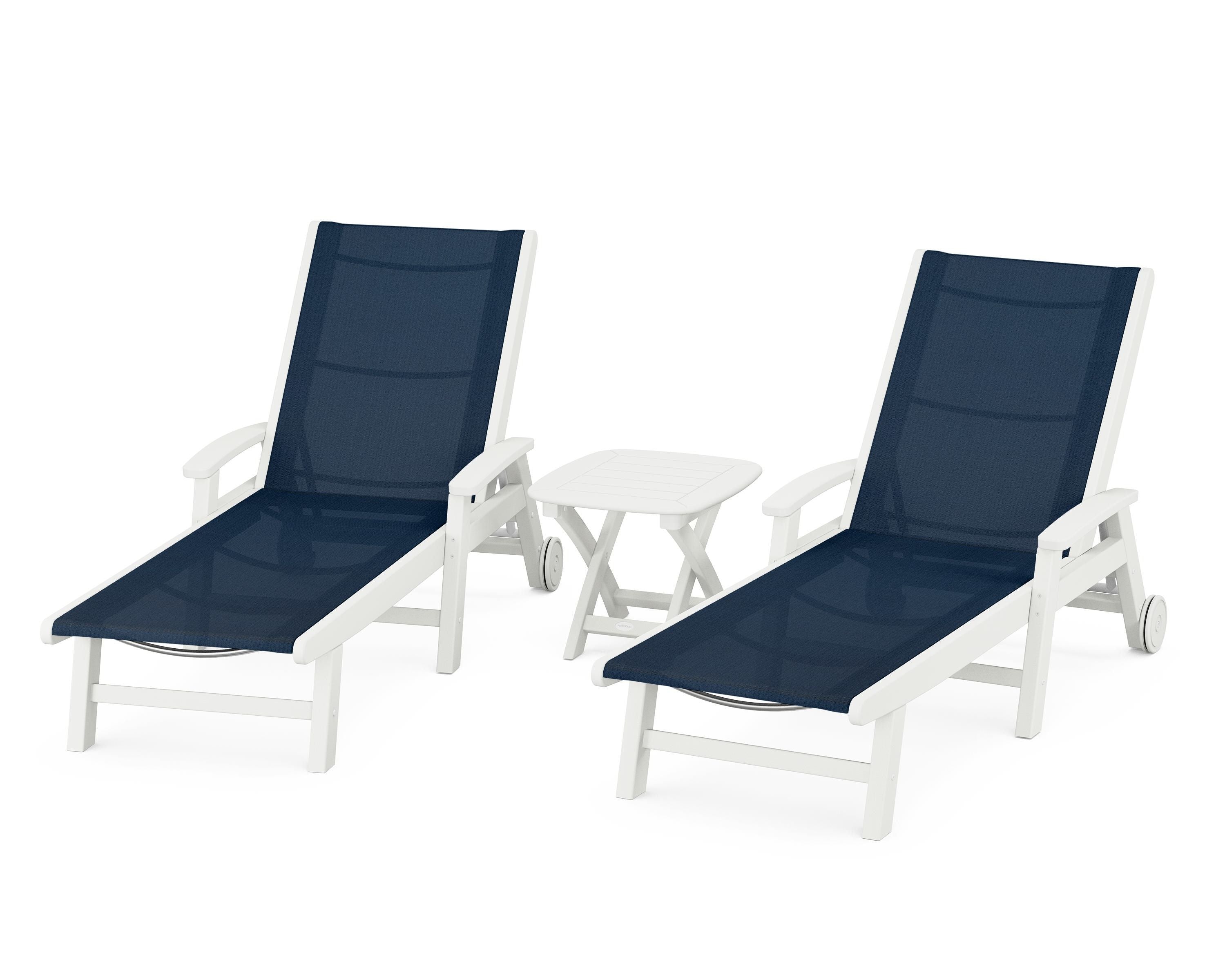 POLYWOOD Coastal 3-Piece Wheeled Chaise Set in Vintage White / Navy Blue Sling