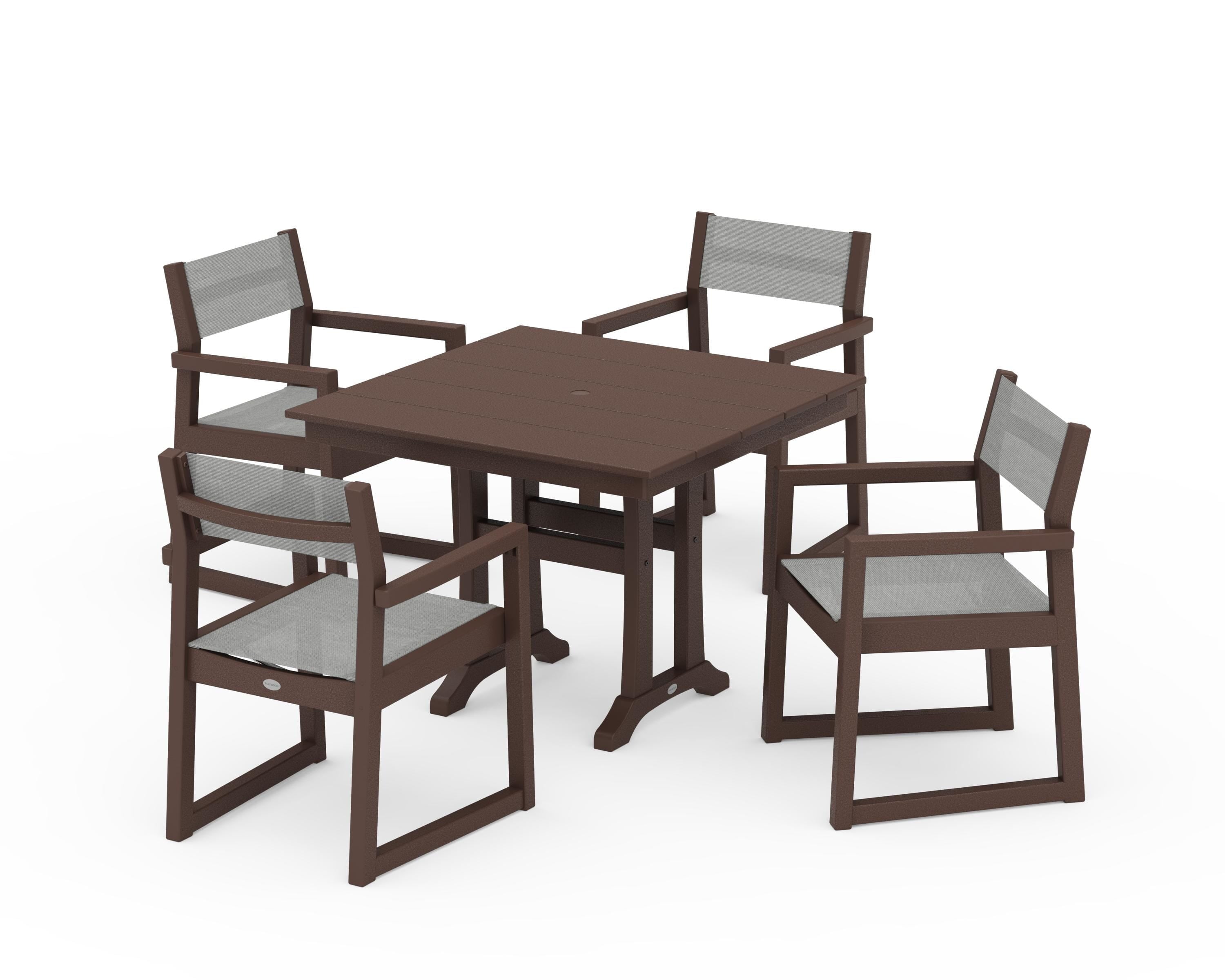 POLYWOOD EDGE Sling 5-Piece Farmhouse Dining Set with Trestle Legs in Mahogany / Metallic Sling