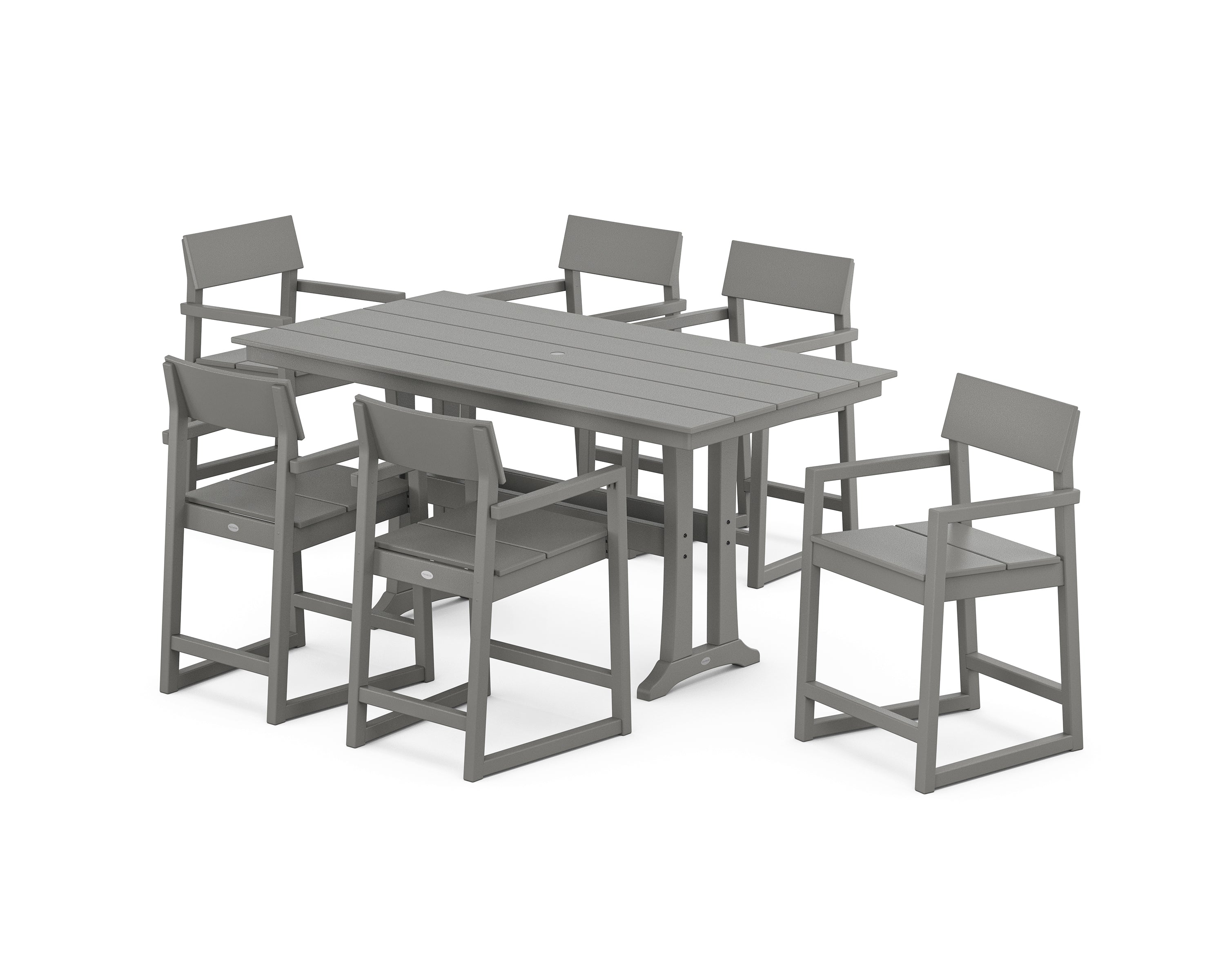 POLYWOOD® EDGE Arm Chair 7-Piece Farmhouse Counter Set with Trestle Legs in Slate Grey