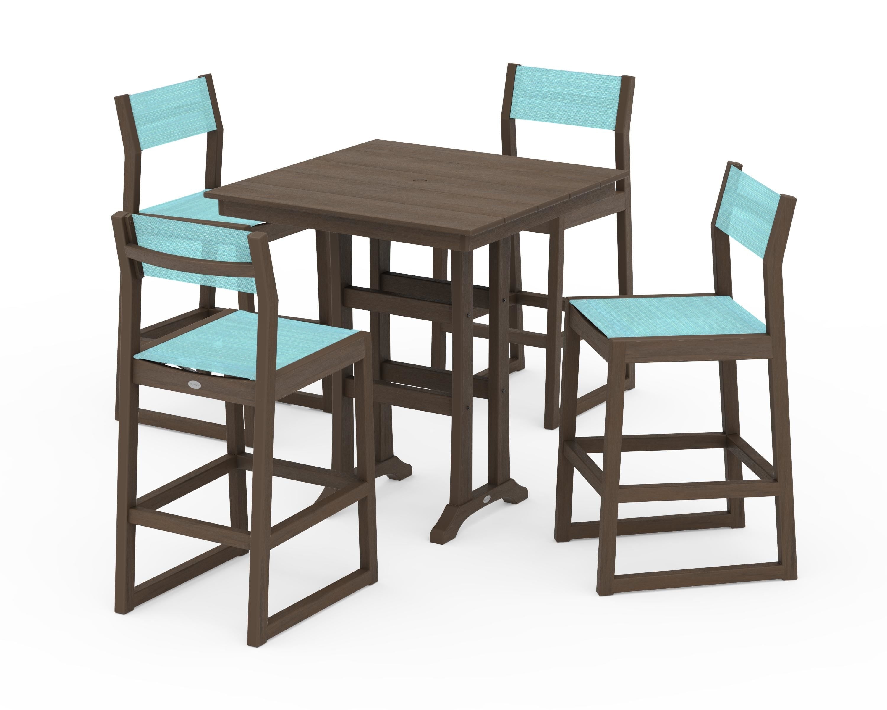 POLYWOOD EDGE Sling Arm Chair 5-Piece Farmhouse Bar Set with Trestle Legs in Kona / Dupioni Aquamarine Sling