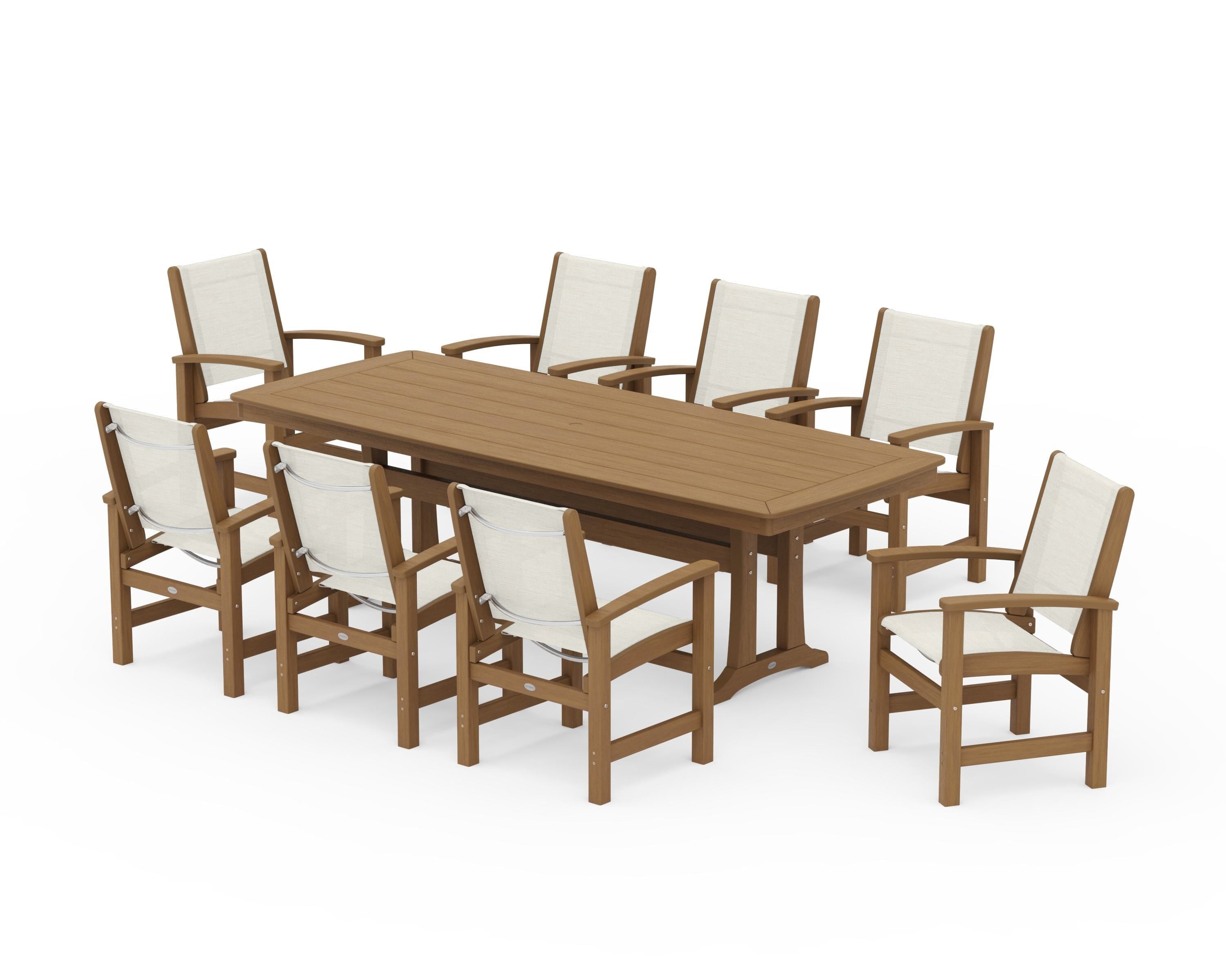 POLYWOOD Coastal 9-Piece Dining Set with Trestle Legs in Natural / Parchment Sling