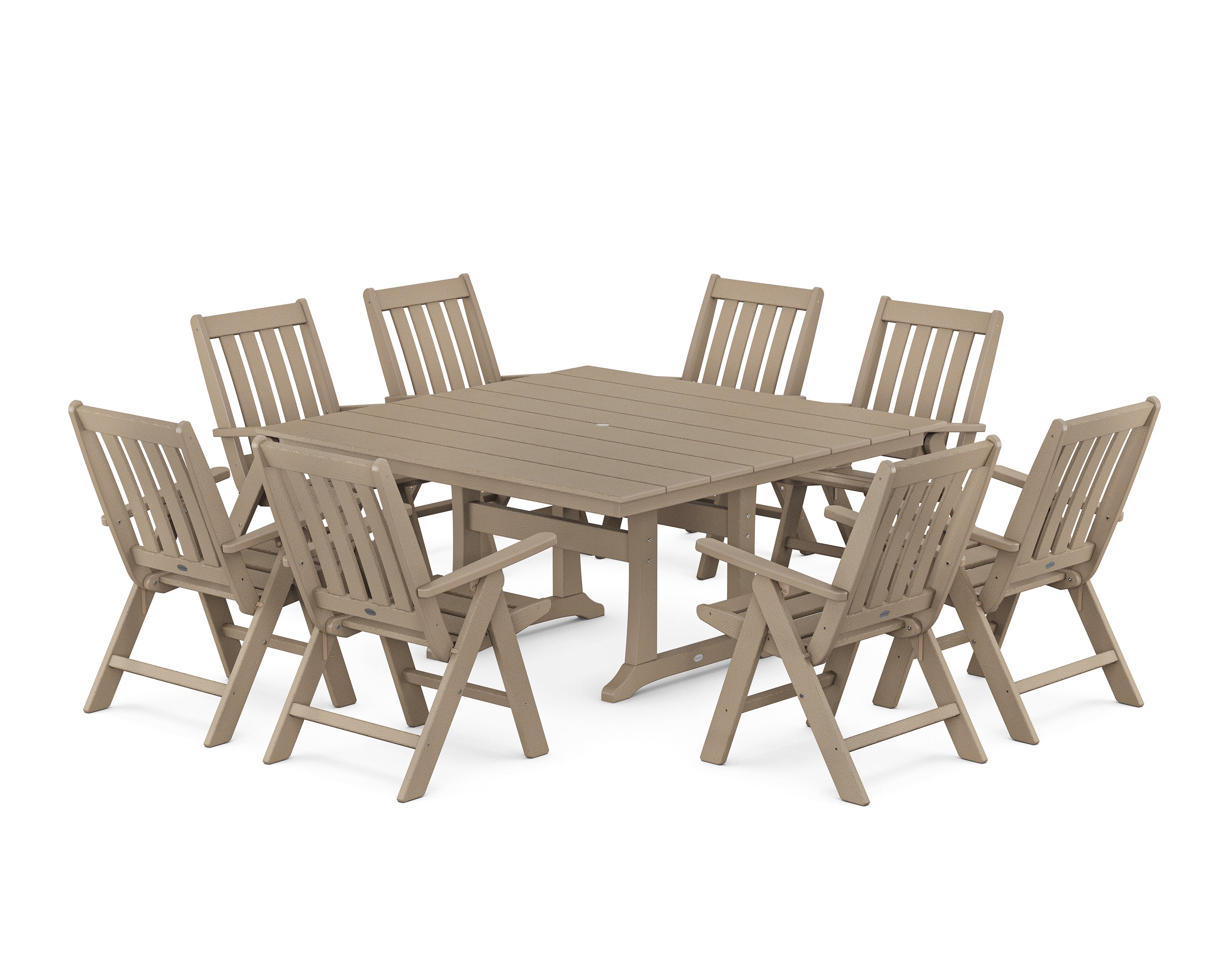 POLYWOOD Vineyard Folding Chair 9-Piece Square Farmhouse Dining Set with Trestle Legs in Vintage Sahara