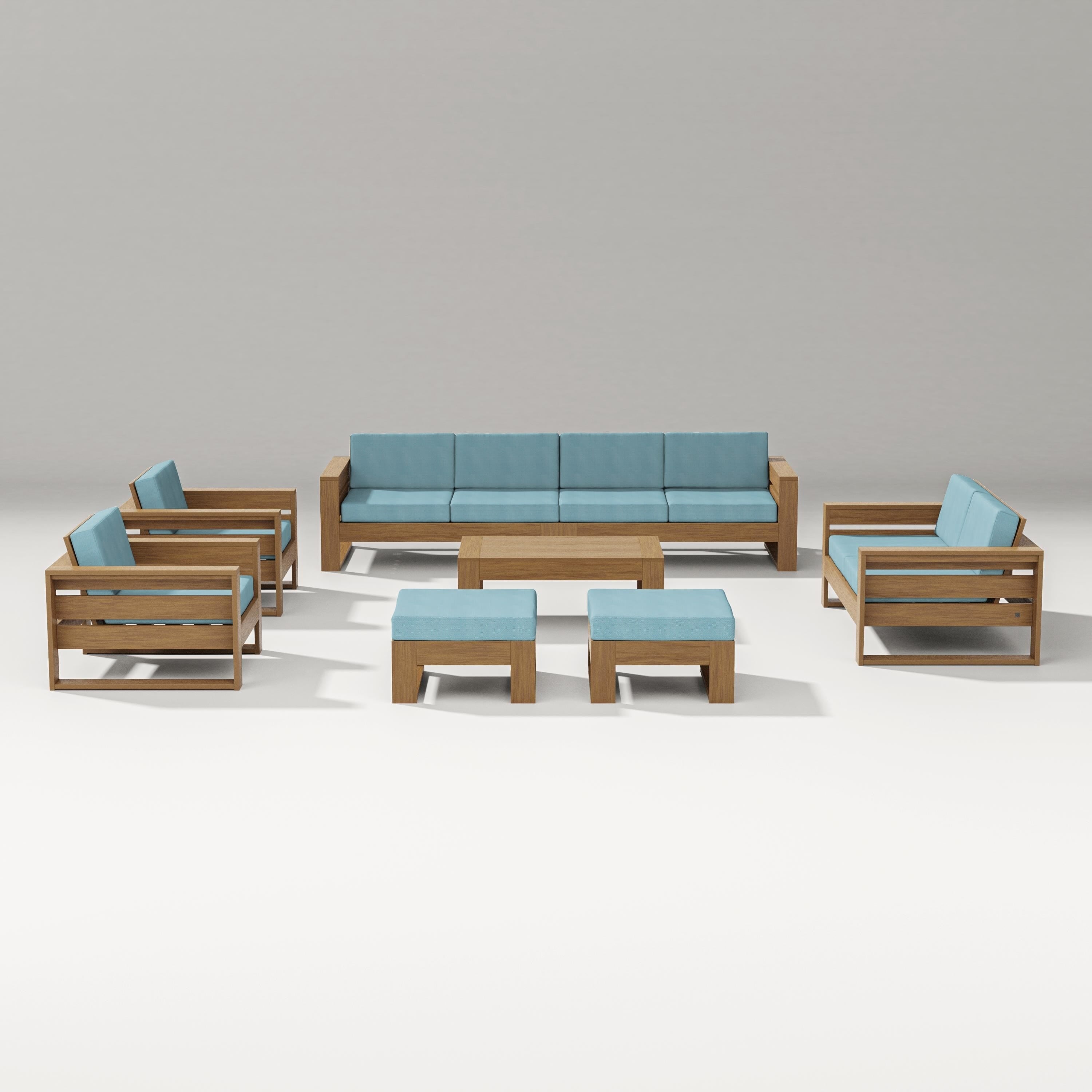 PW Designer Series Latitude 8-Piece Lounge Sofa Set in Natural / Lattice Sky Blue