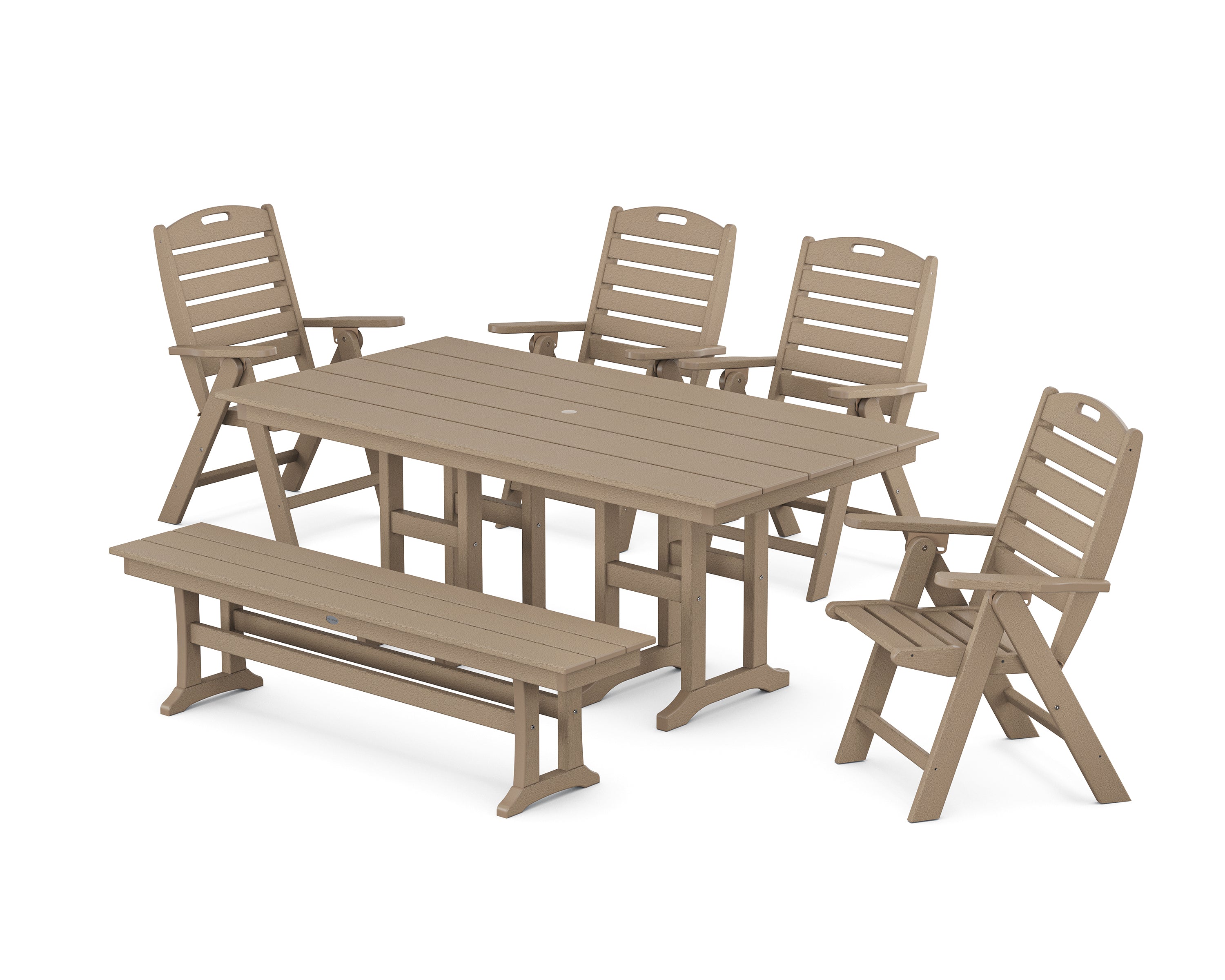 POLYWOOD Nautical Highback 6-Piece Farmhouse Dining Set with Bench in Vintage Sahara