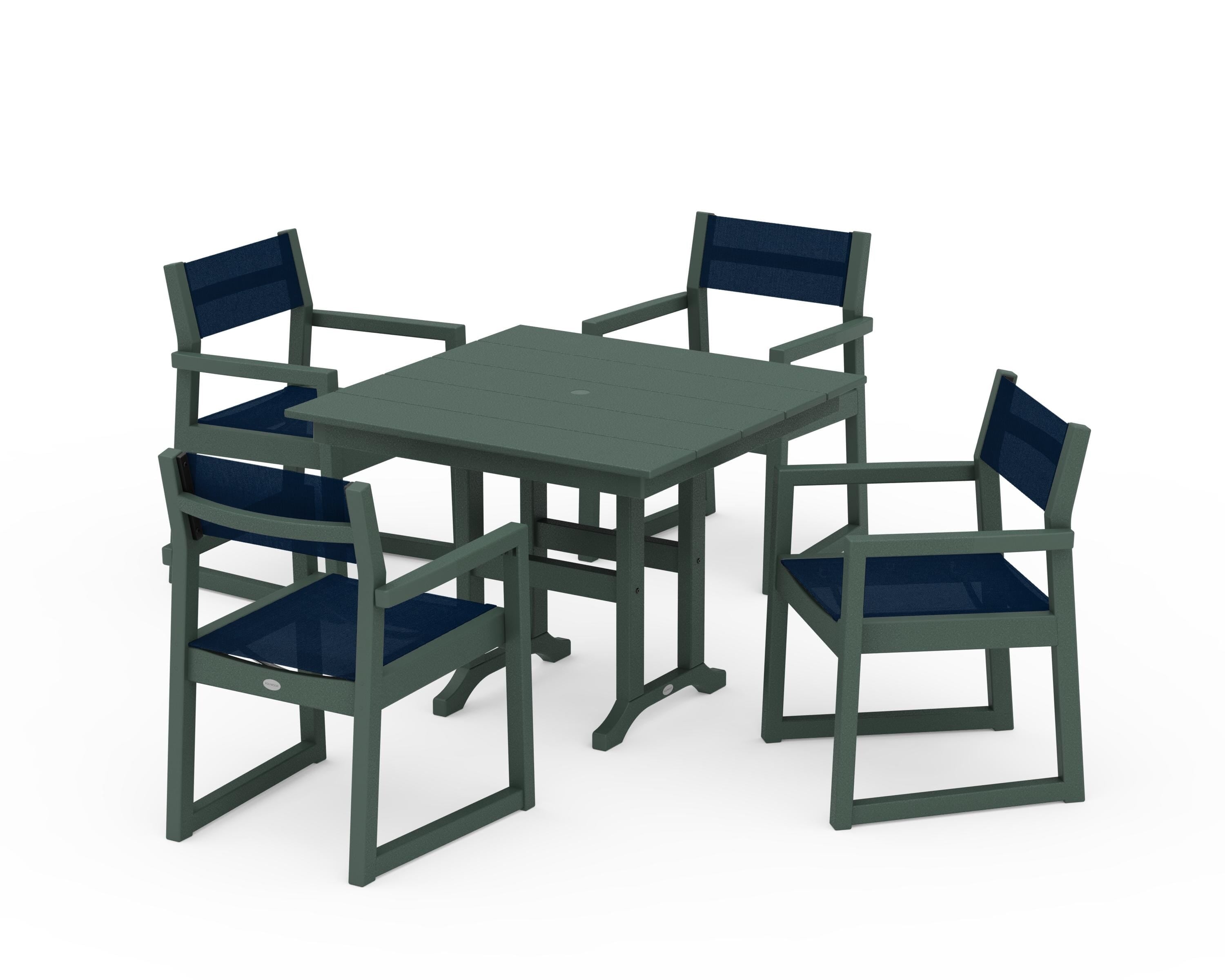POLYWOOD EDGE Sling Arm Chair 5-Piece Farmhouse Dining Set in Green / Navy Blue Sling