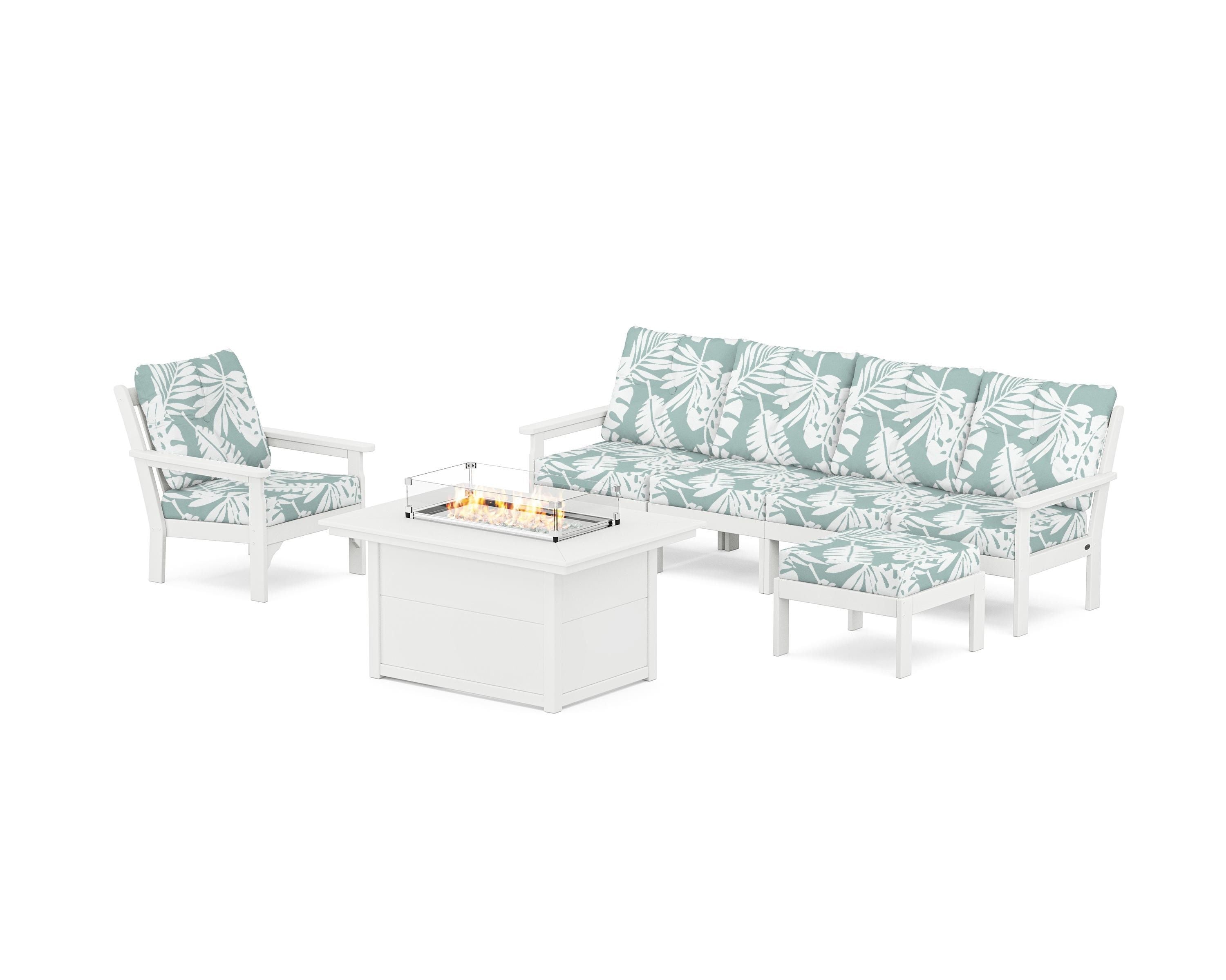 POLYWOOD Vineyard Sectional Lounge and Fire Pit Set in White / Leaf Glacier Spa