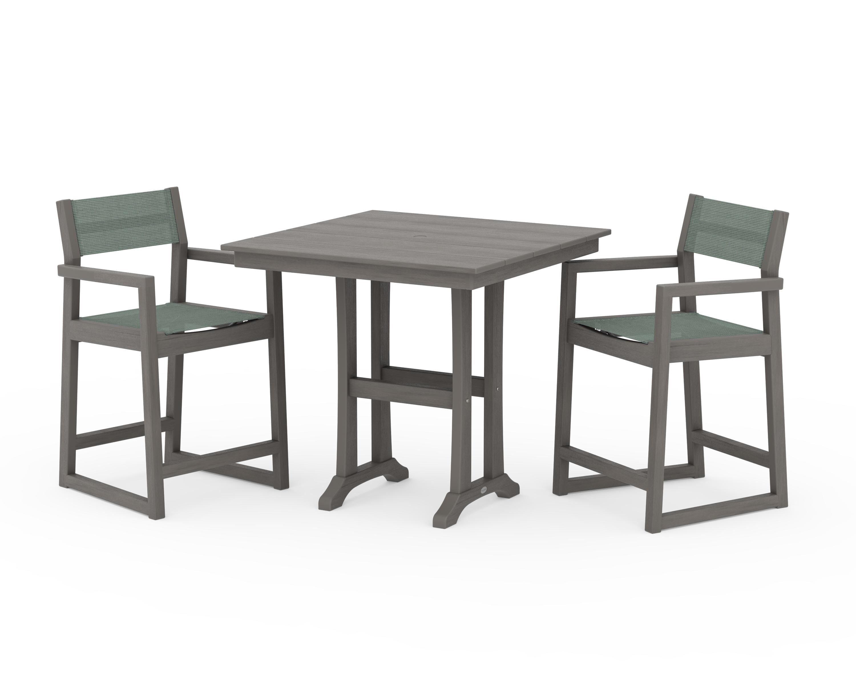POLYWOOD EDGE Sling Arm Chair 3-Piece Farmhouse Counter Set with Trestle Legs in Driftwood / Dupioni Sea Mist Sling