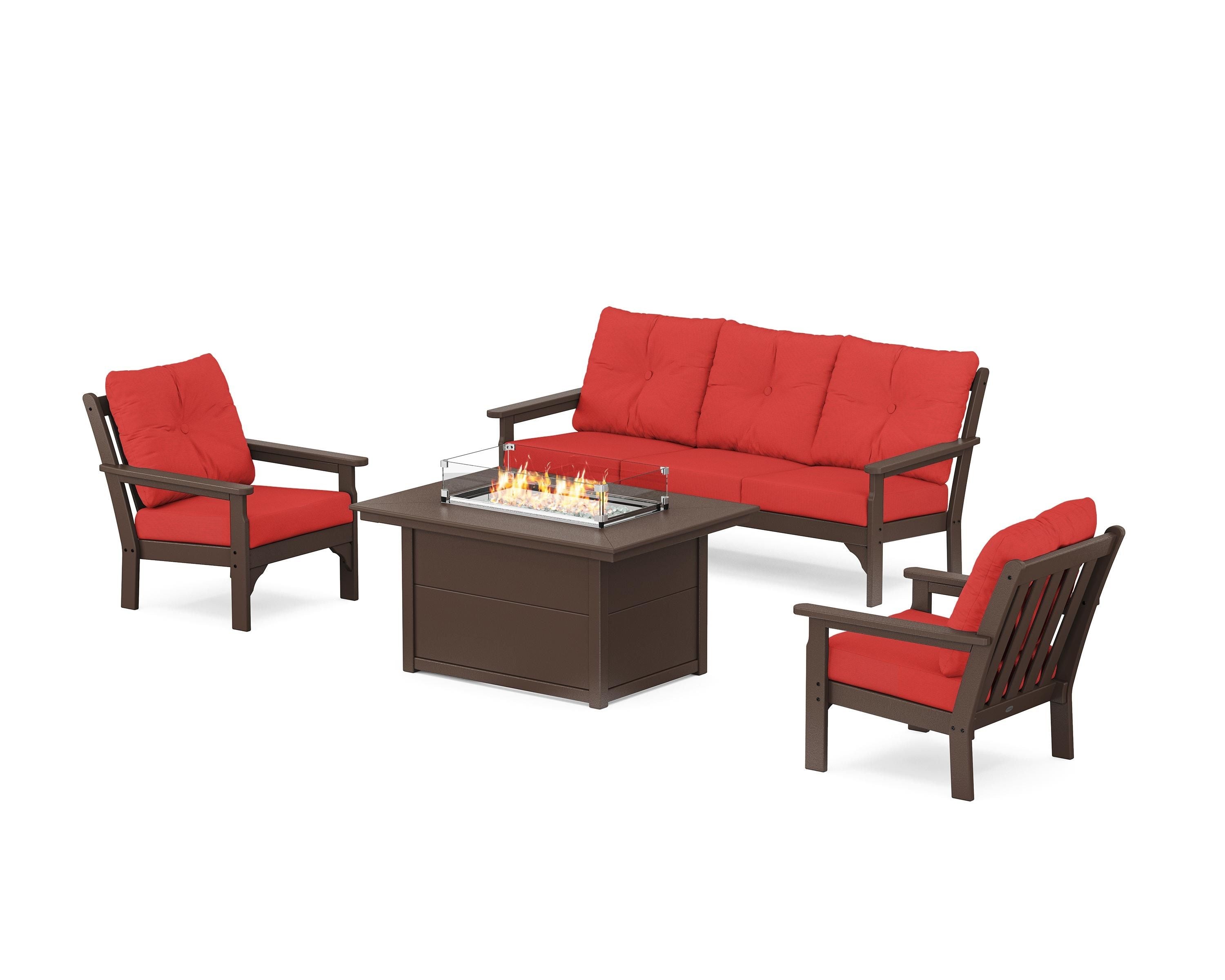 POLYWOOD Vineyard Deep Seating Fire Pit Table Set in Mahogany / Crimson Linen