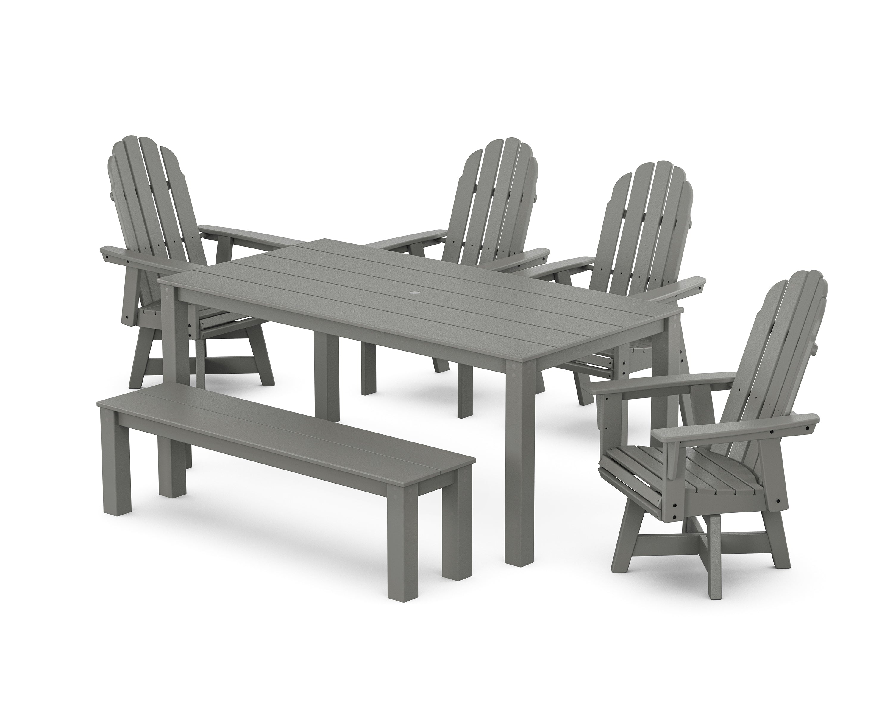 POLYWOOD® Vineyard Curveback Adirondack 6-Piece Parsons Swivel Dining Set with Bench in Slate Grey