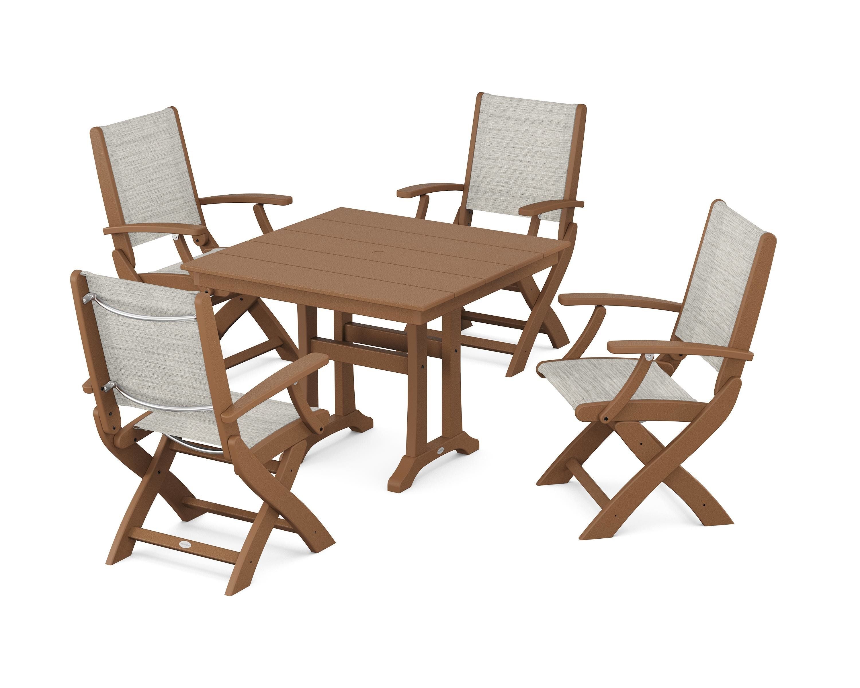POLYWOOD Coastal Folding Chair 5-Piece Farmhouse Dining Set With Trestle Legs in Teak / Birch Sling