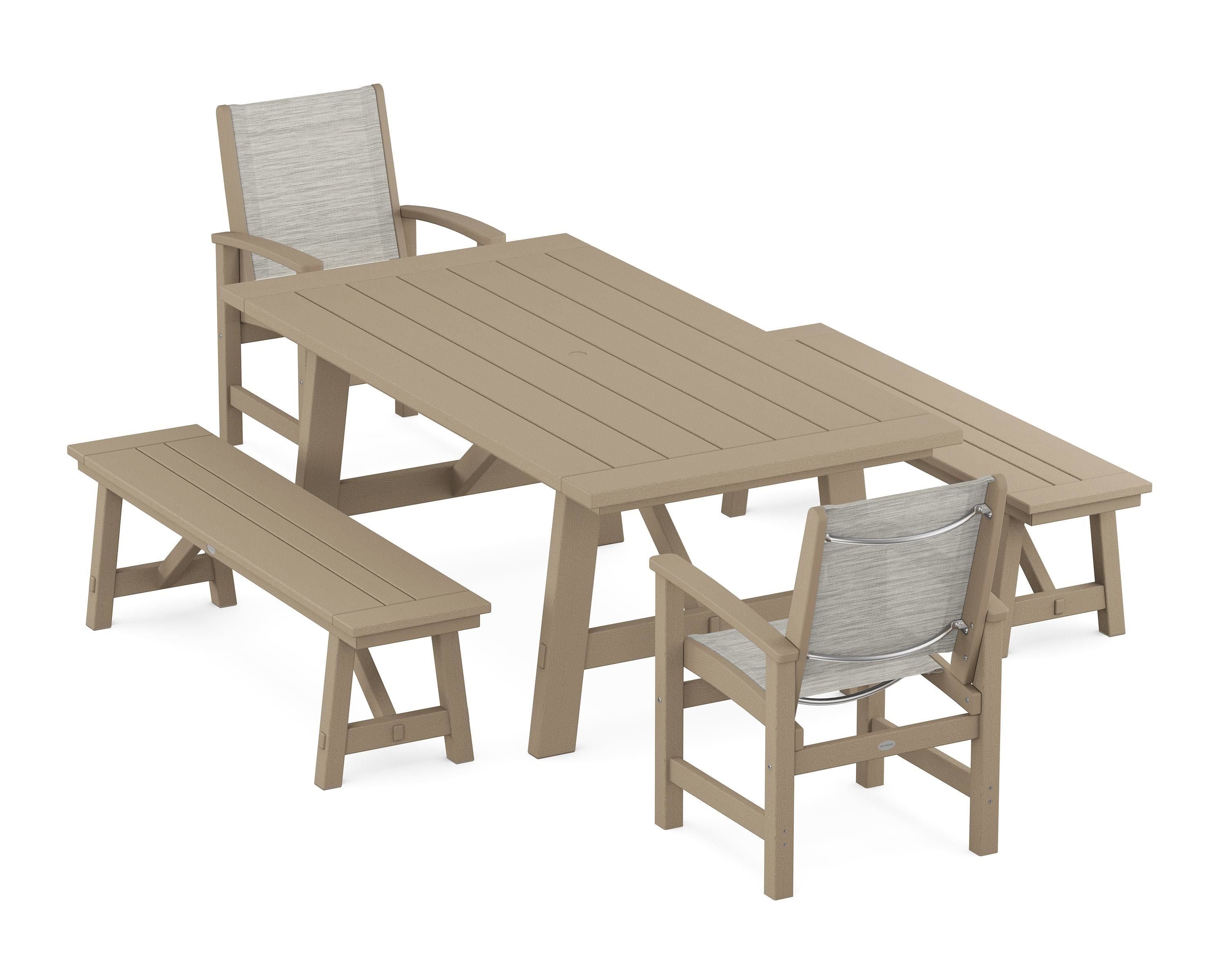 POLYWOOD Coastal 5-Piece Rustic Farmhouse Dining Set With Benches in Vintage Sahara / Birch Sling