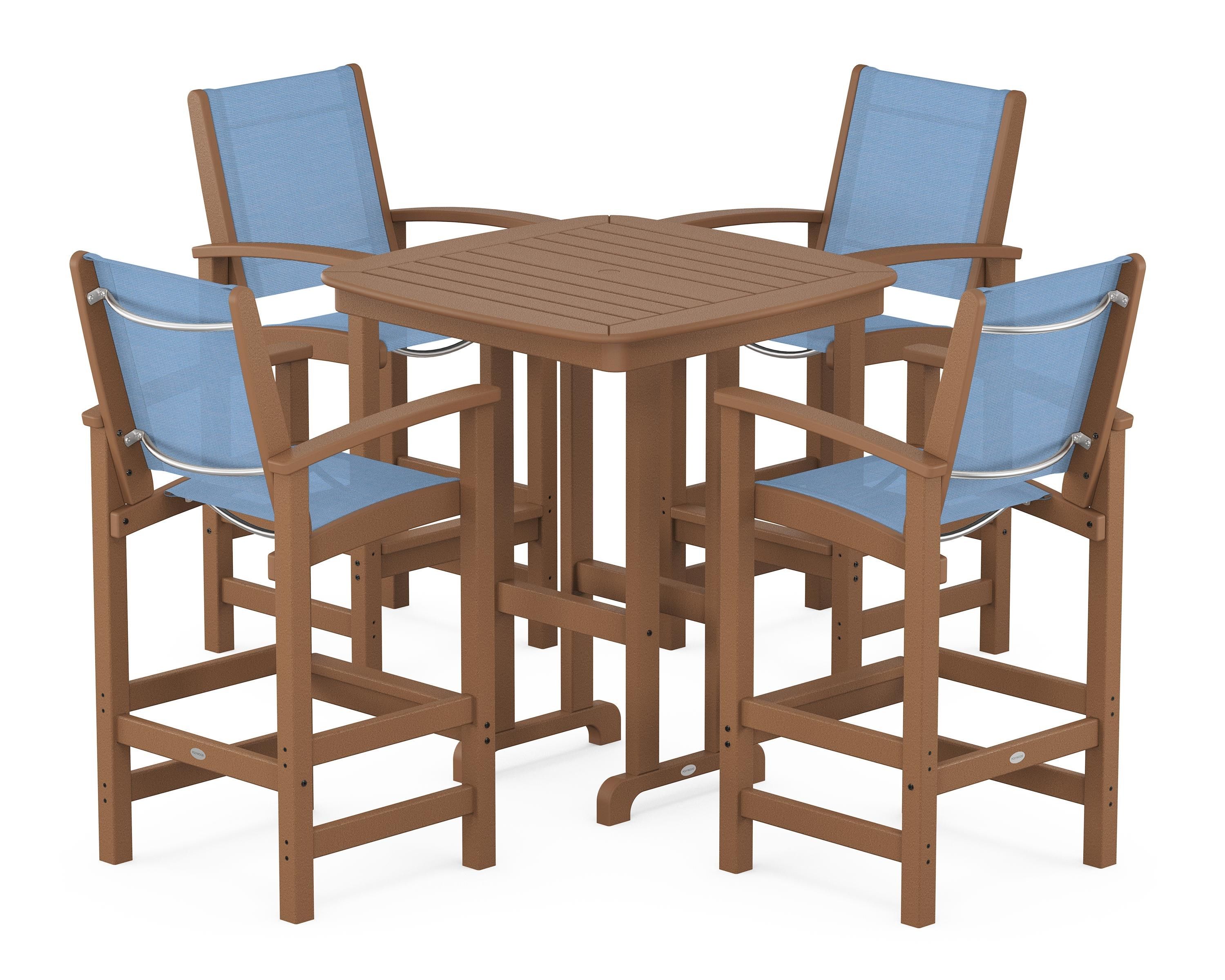 POLYWOOD Coastal 5-Piece Bar Set in Teak / Poolside Sling