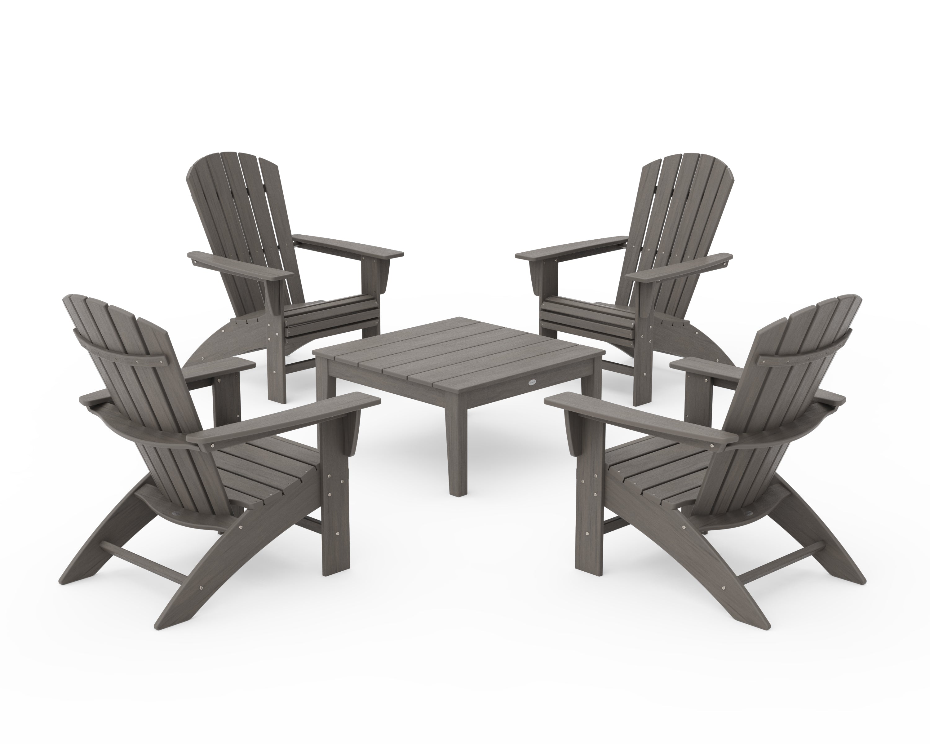 POLYWOOD 5-Piece Nautical Curveback Adirondack Chair Conversation Set with 36" Conversation Table in Driftwood