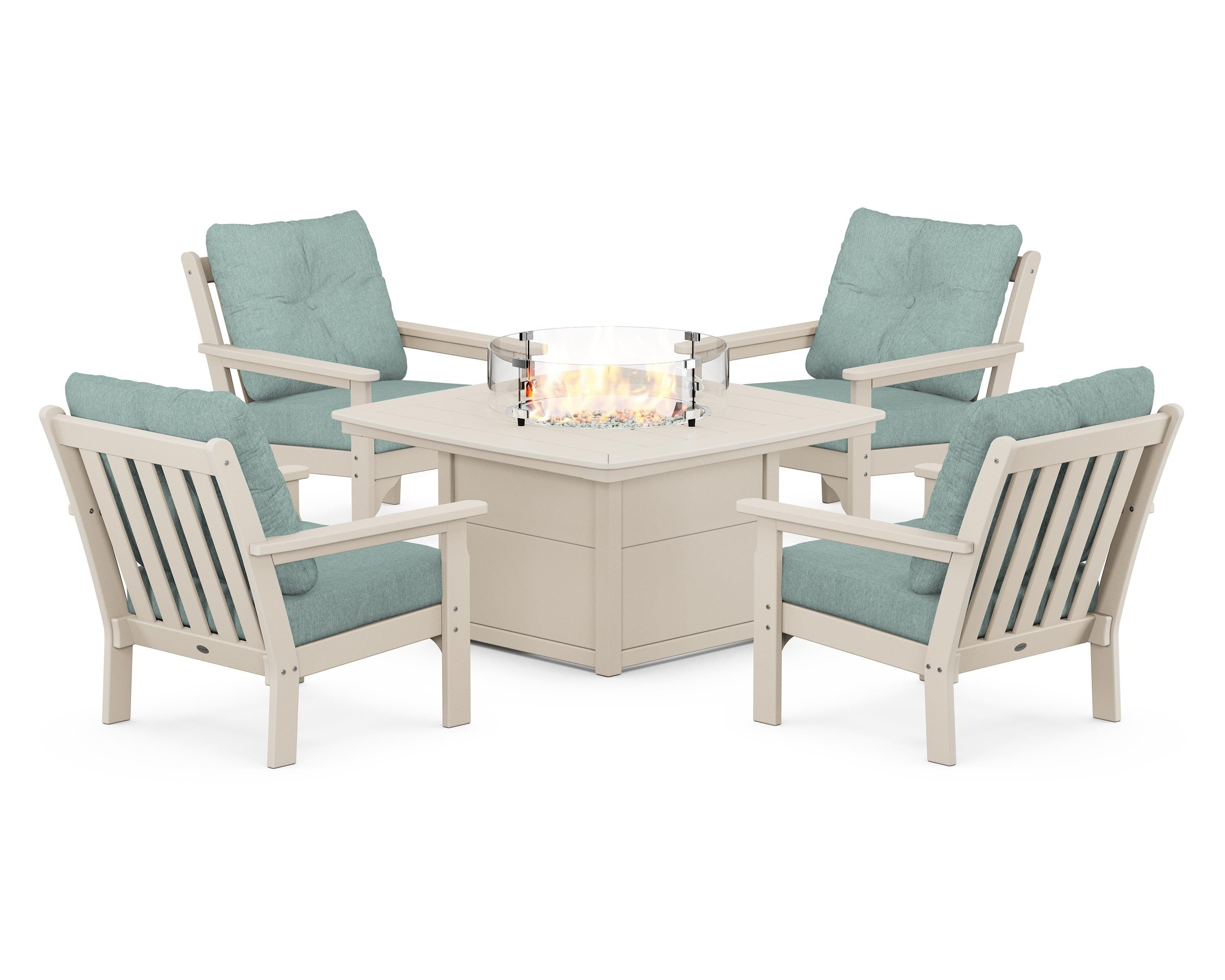 POLYWOOD Vineyard 5-Piece Conversation Set with Fire Pit Table in Sand / Glacier Spa