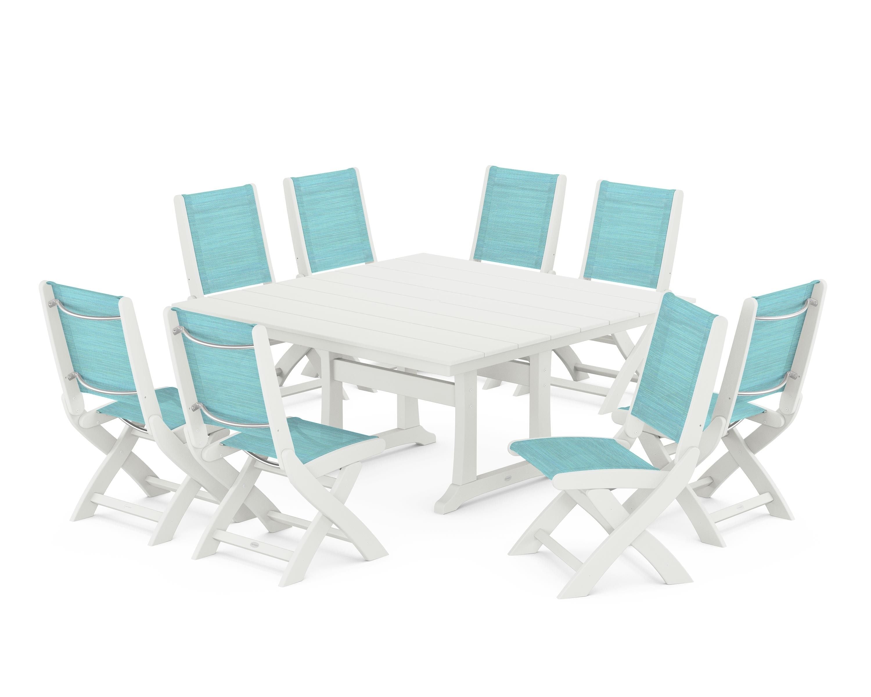 POLYWOOD Coastal Folding Side Chair 9-Piece Farmhouse Dining Set in Vintage White / Dupioni Aquamarine Sling
