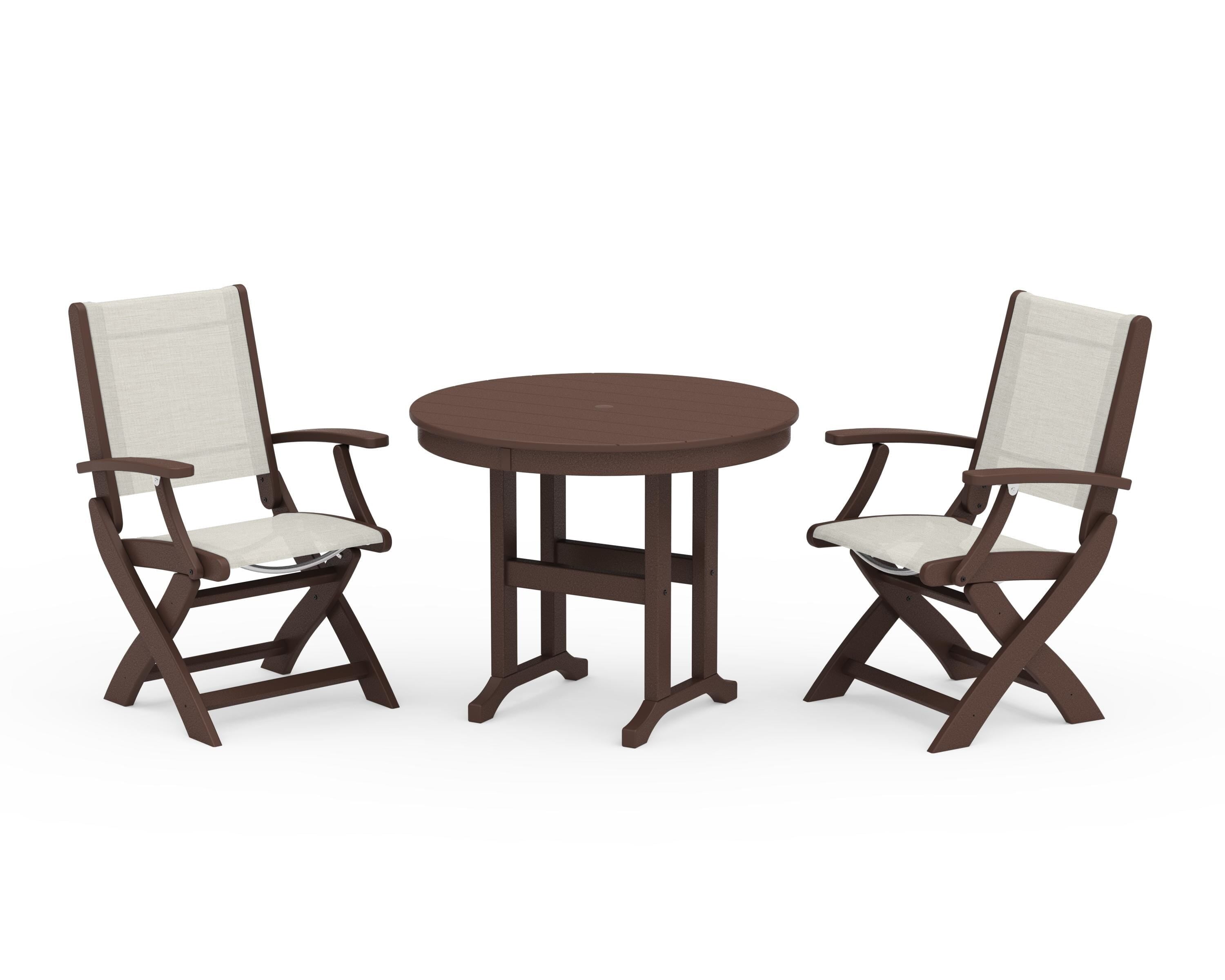 POLYWOOD Coastal Folding Chair 3-Piece Round Dining Set in Mahogany / Parchment Sling