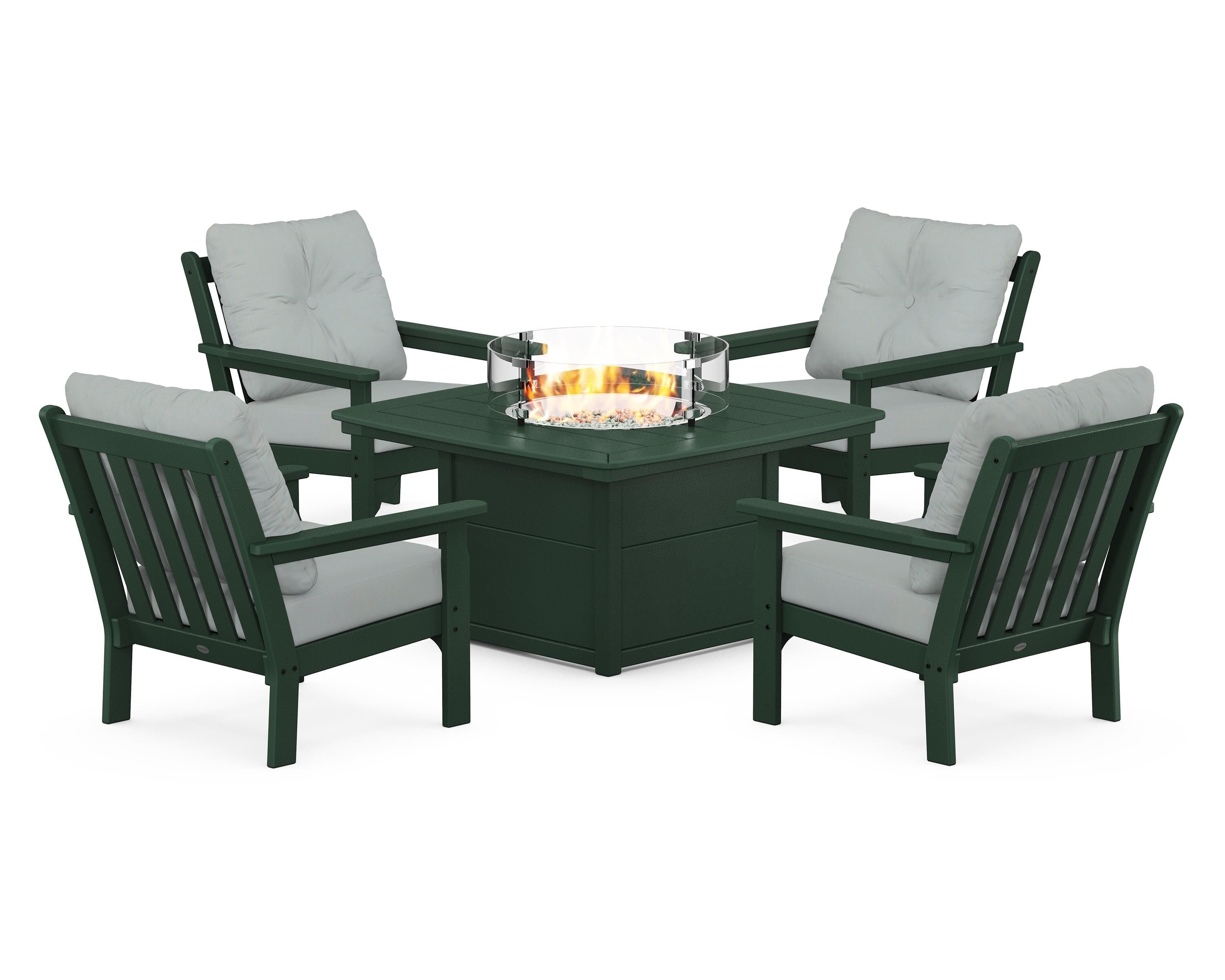 POLYWOOD Vineyard 5-Piece Conversation Set with Fire Pit Table in Green / Spa