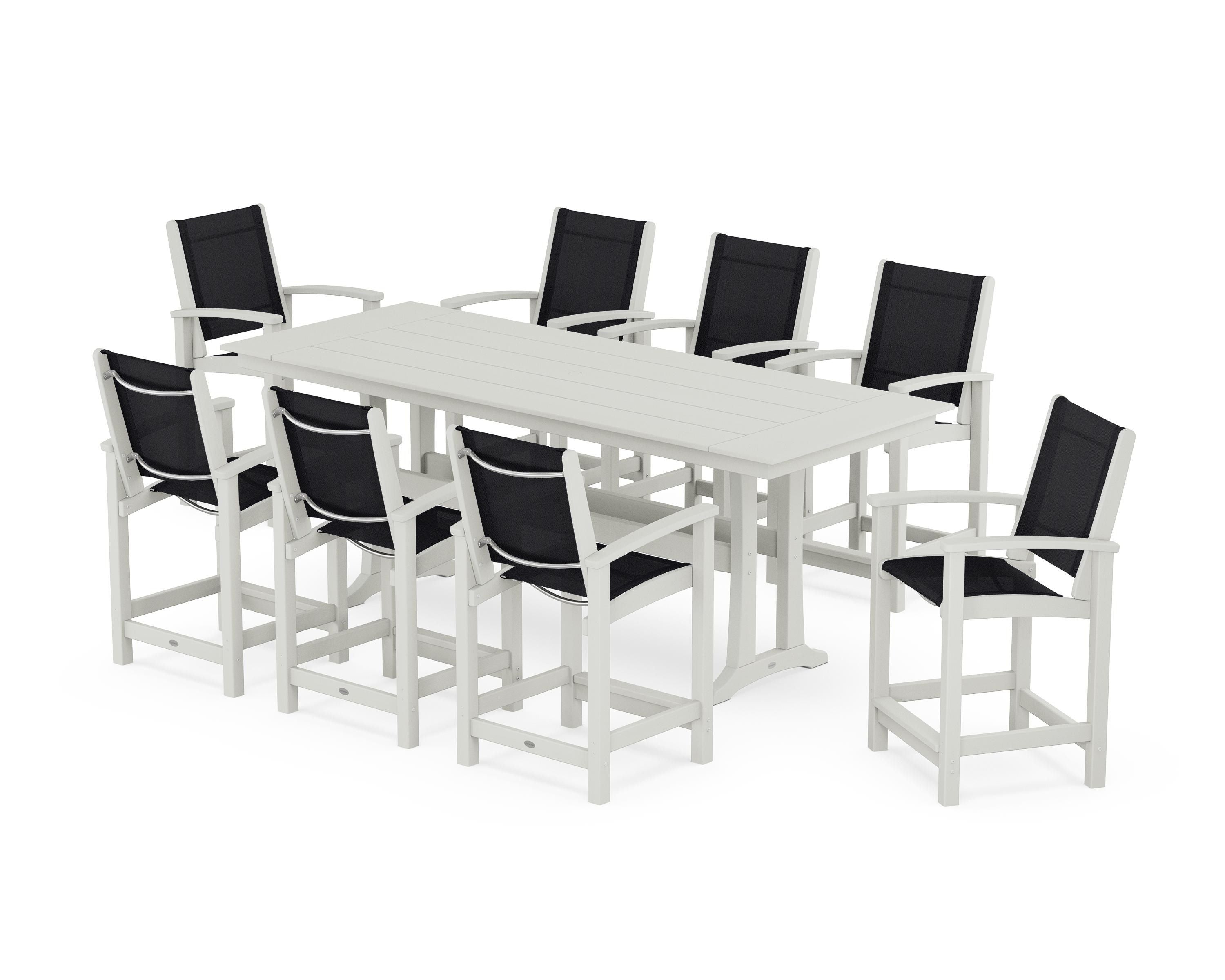 POLYWOOD Coastal 9-Piece Farmhouse Counter Set with Trestle Legs in Vintage White / Black Sling