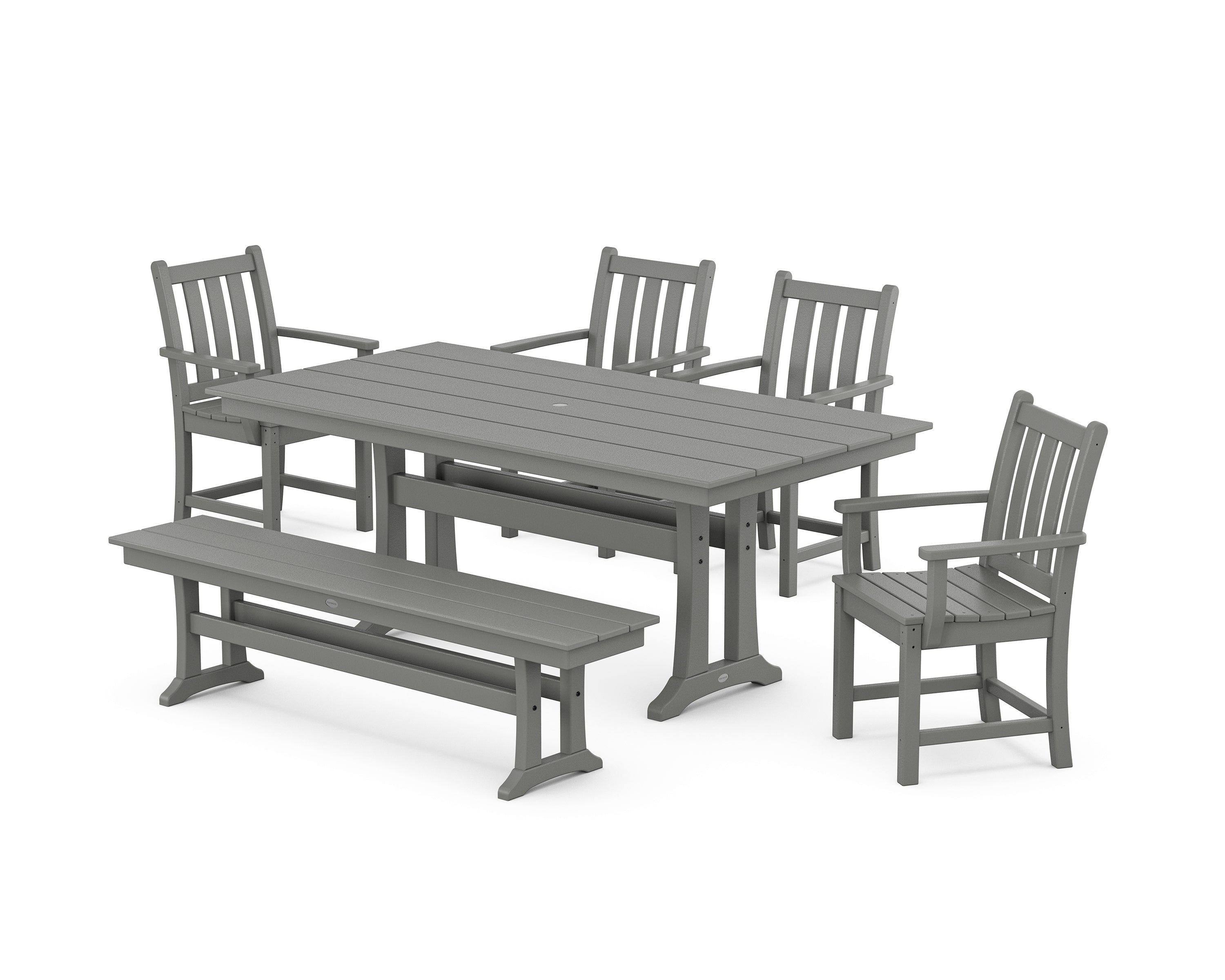 POLYWOOD® Traditional Garden Arm Chair 6-Piece Farmhouse Dining Set with Trestle Legs and Bench in Slate Grey