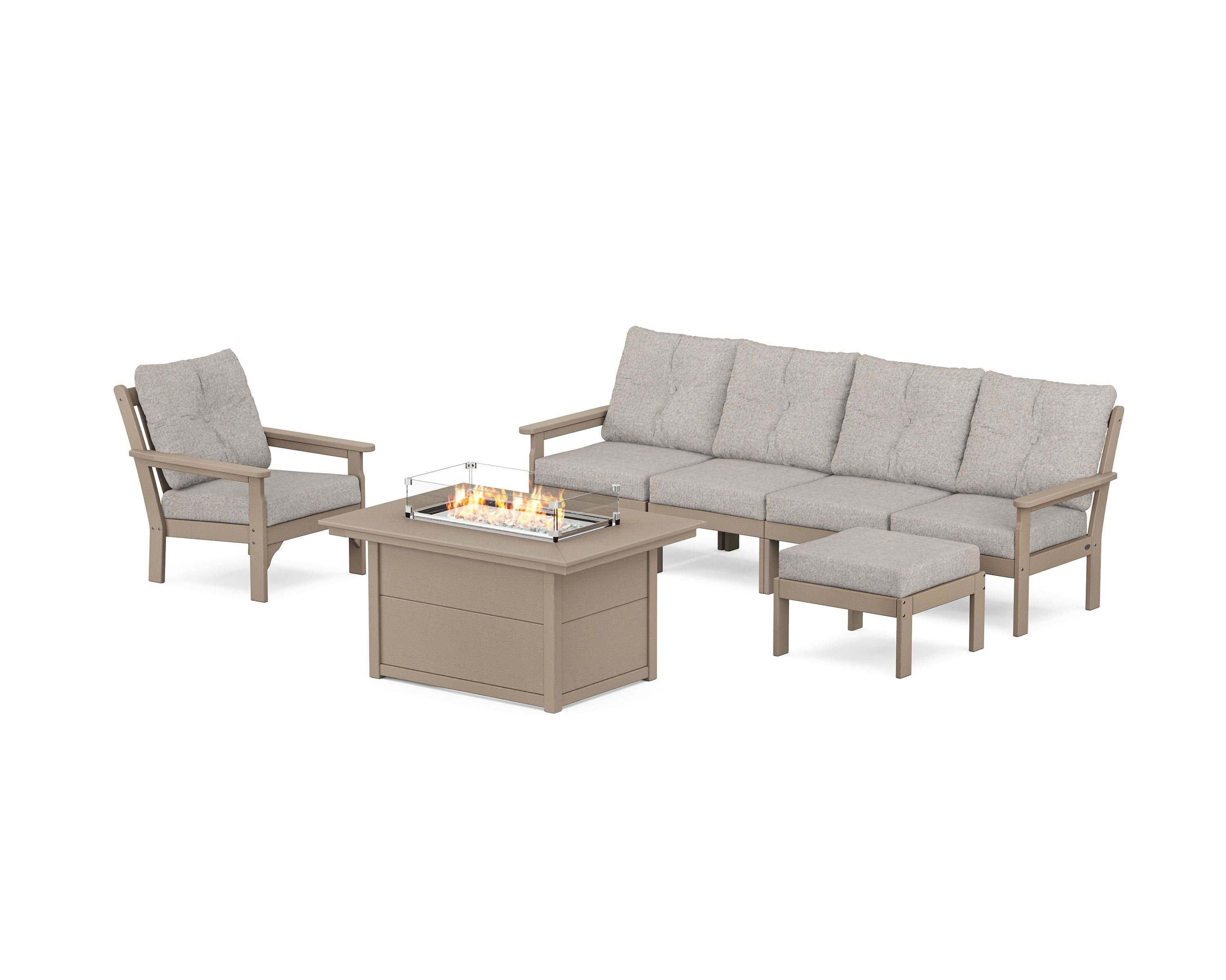 POLYWOOD Vineyard Sectional Lounge and Fire Pit Set in Vintage Sahara / Weathered Tweed