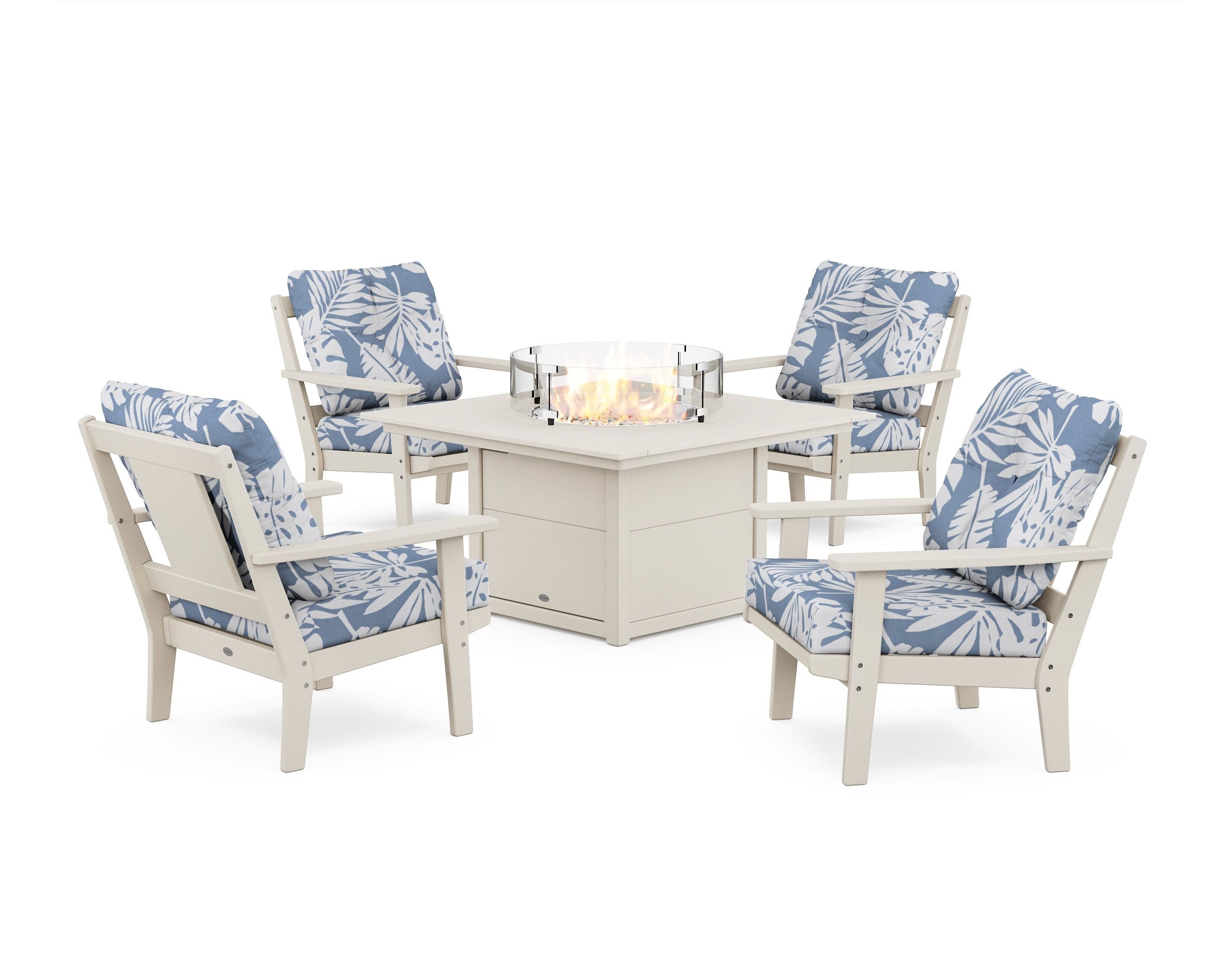POLYWOOD Prairie 5-Piece Deep Seating Set with Fire Pit Table in Sand / Leaf Sky Blue